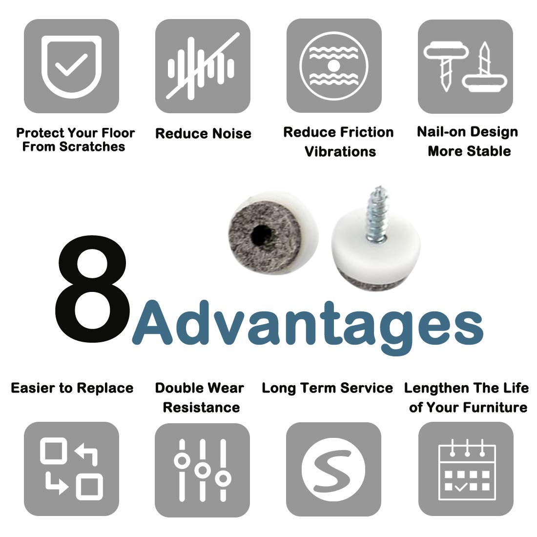UXCELL 60PCS Felt Furniture Pads - Non-Slip Screw-In Chair Leg Protectors for Hardwood Floors, Desks & Dressers | Scratch Prevention & Noise Reduction for Home & Office Use