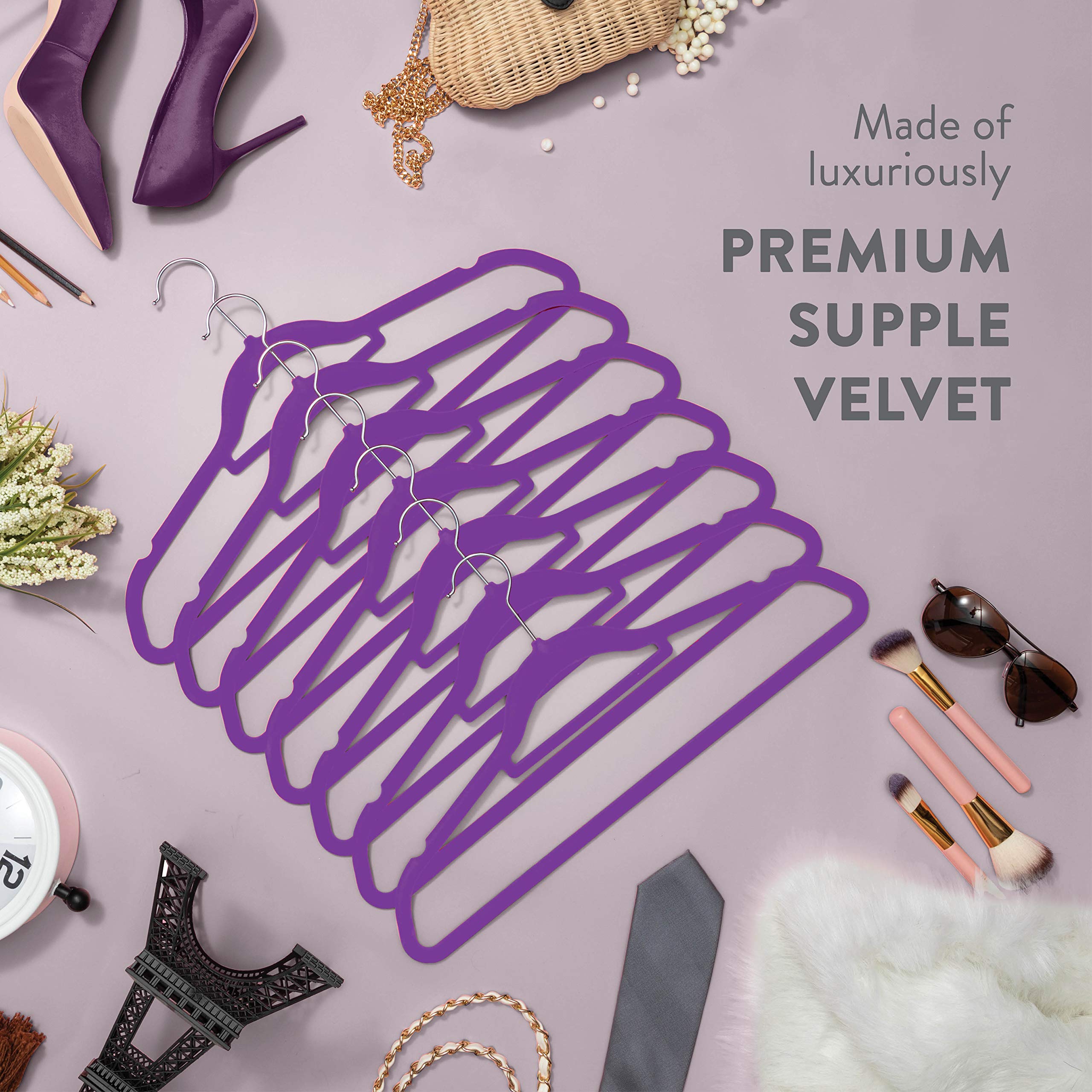 Zober 20-Pack Velvet Hangers with Tie Bar - Non-Slip Swivel Hook Slim Felt Clothes Hangers for Suits, Pants, Coats & Dresses - Space Saving Wardrobe Organization (Purple) - Perfect for Closet, Travel & Dry Cleaning Storage
