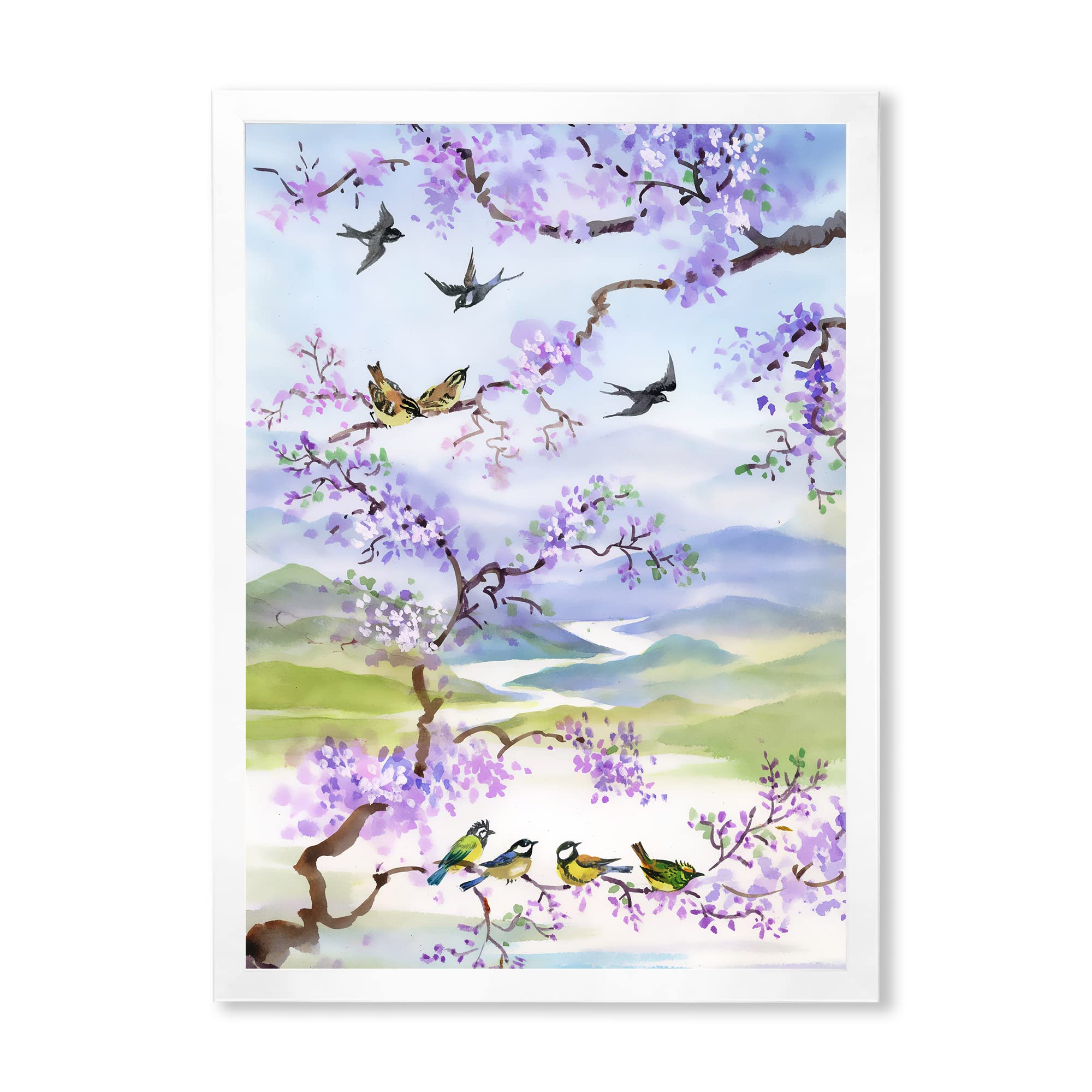 DesignQ Traditional Framed Wall Art - Cherry Blossom Birds Painting, Home Decor for Living Room, Bedroom & Office