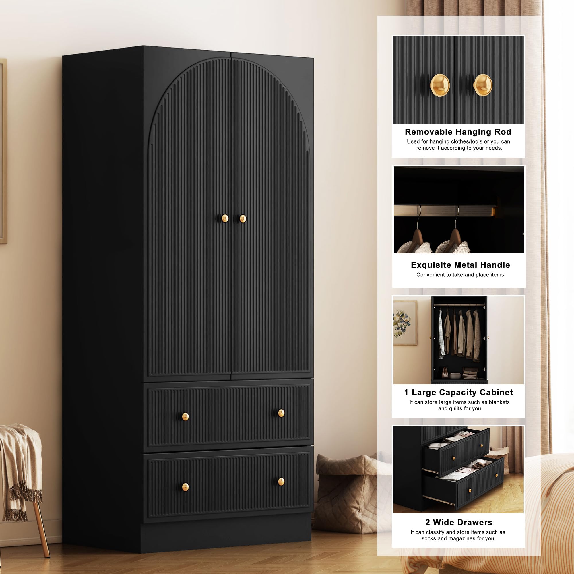 QHITTY Freestanding Bedroom Armoire Wardrobe with 2 Drawers & Clothing Rod - Black Storage Cabinet for Clothes, Bedroom & Living Room Organization | Perfect for Small Spaces, Apartments & Home Decor