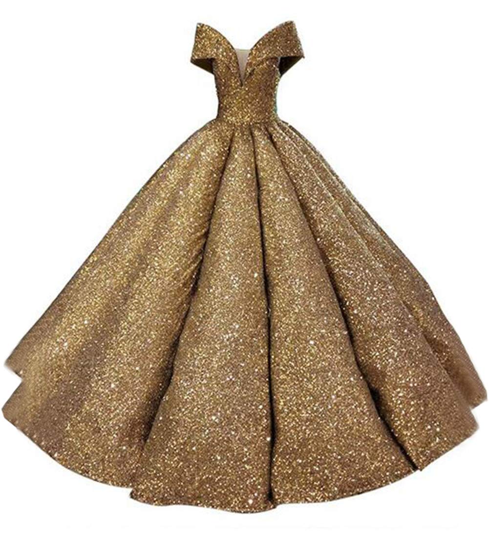 Emanni Women's Gold Sequin Off-the-Shoulder Quinceanera Dress with Ruffled Ball Gown Skirt - Perfect for Prom, Sweet 16, Quinceañera & Formal Evening Events