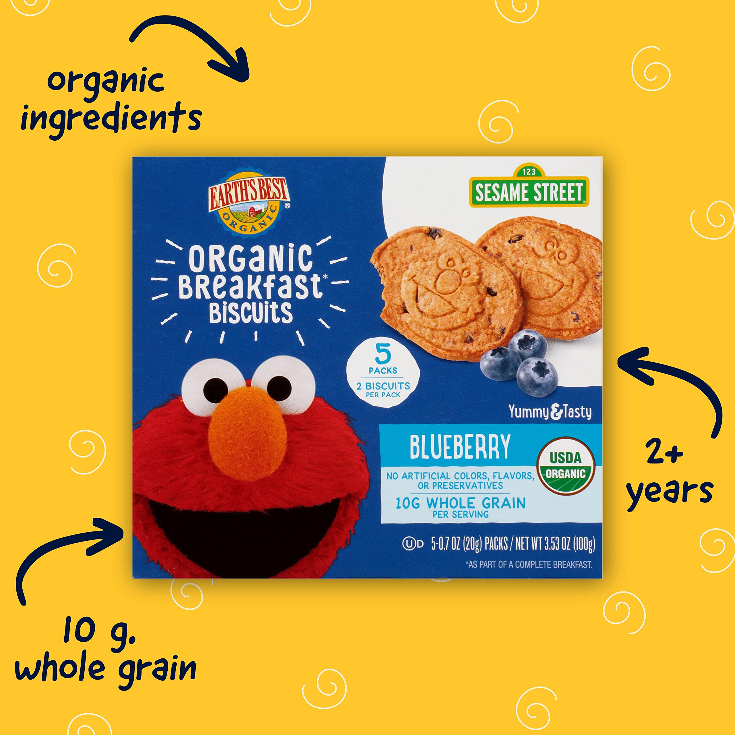 Organic Sesame Street Toddler Snacks - Earth's Best Blueberry Breakfast Biscuits for Kids 2+ Years (6 Boxes, 5 Packs of 2 Biscuits) | Healthy On-the-Go Snack for Preschoolers & Daycare