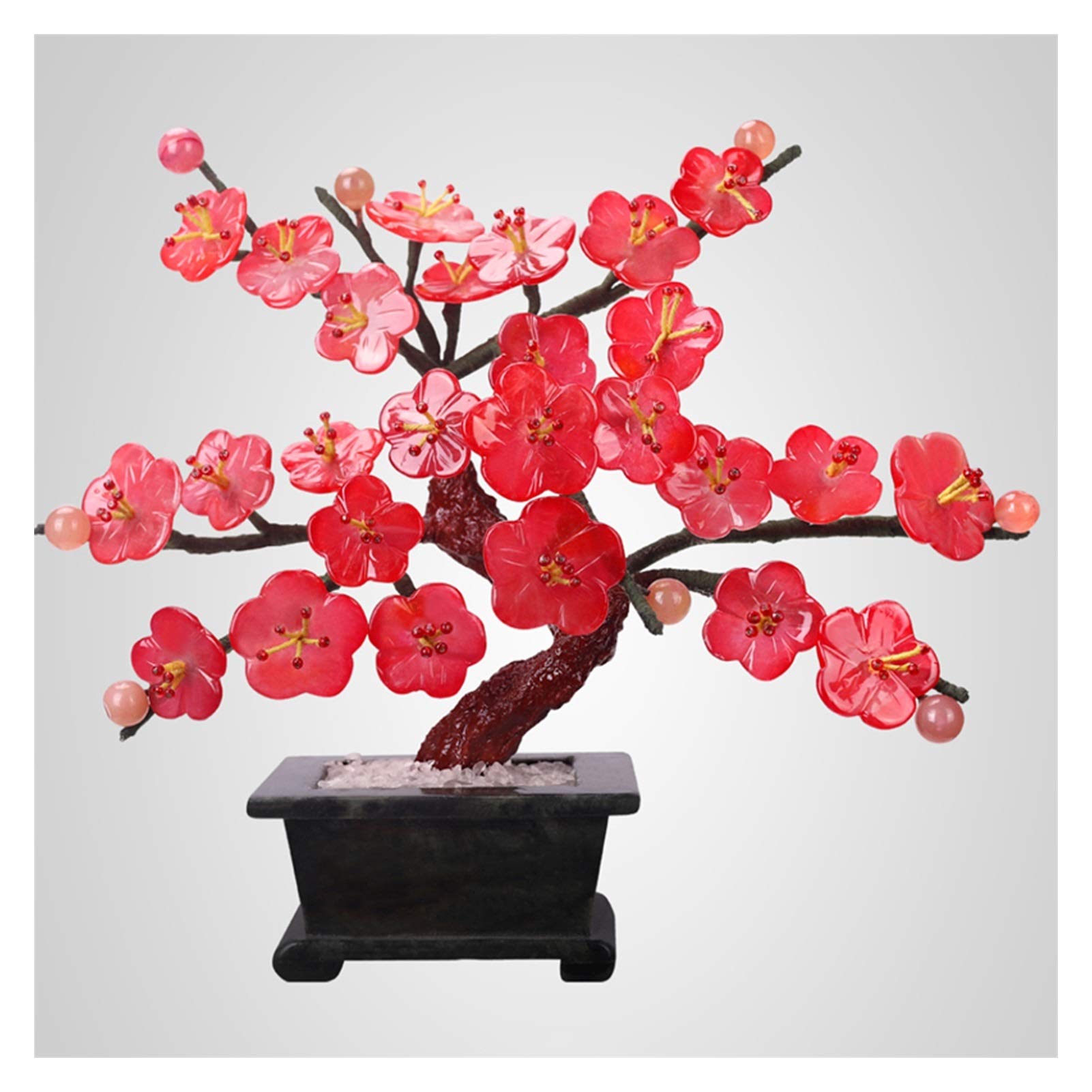 WENMENGWF Artificial Bonsai Tree - Red Blossom Faux Jade Carving Plum Potted Plant, Realistic Fake Bonsai Decor for Home Office Desk, Zen Garden & Wedding Centerpiece