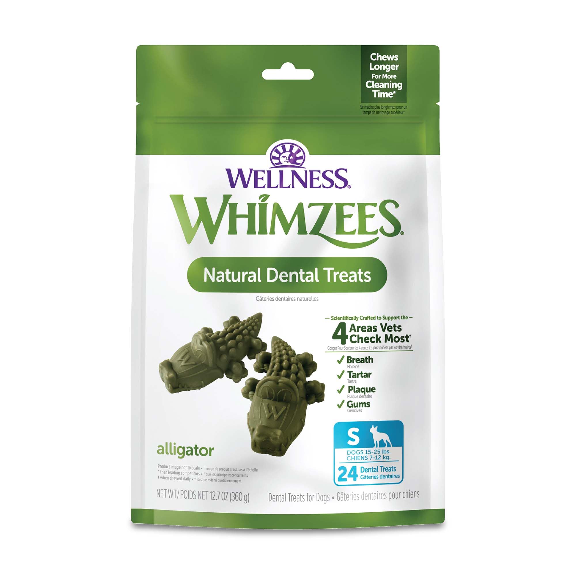 Wellness WHIMZEES Alligator-Shaped Dental Chews for Small Dogs - 24 Count, Natural Grain-Free Dog Treats for Teeth Cleaning & Fresh Breath - Perfect for Daily Oral Care & Puppy Teething Relief