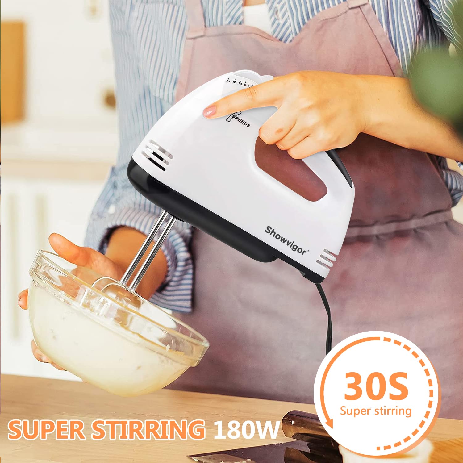 7-Speed Electric Hand Mixer with 5 Stainless Steel Attachments - Portable Handheld Kitchen Mixer for Whipping, Mixing Cookies, Cakes, Eggs & Dough | Perfect for Baking, Cooking & Meal Prep at Home