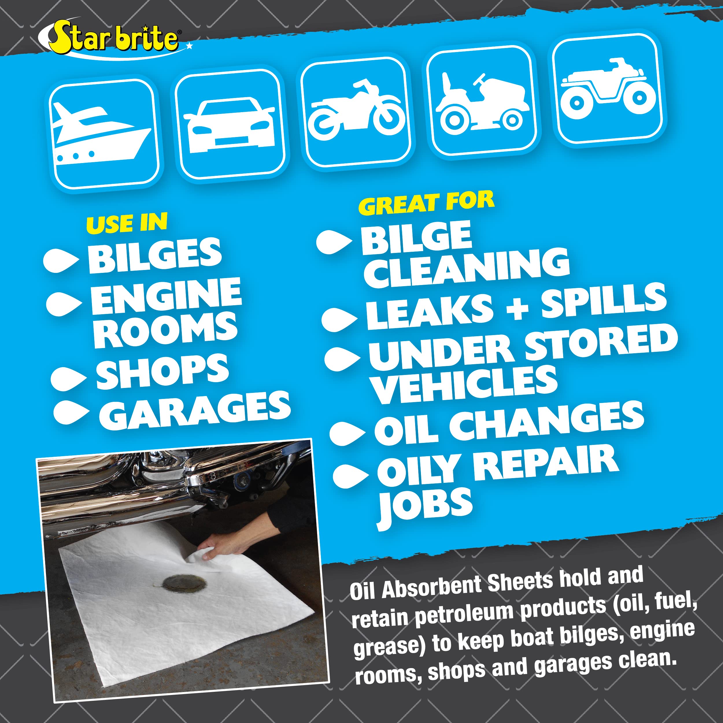 STAR BRITE High-Efficiency Oil Absorbent Sheets - Reusable Fuel & Grease Spill Cleaner for Mechanics, Workshops, Boats & Engine Rooms - Water-Resistant, Easy Disposal - Perfect for Auto Shops, Marine Maintenance & Industrial Spill Cleanup