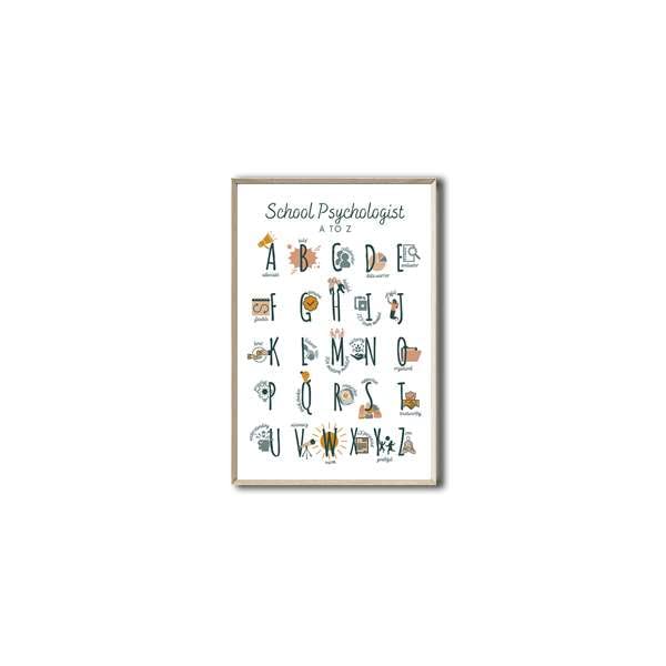 REOOKON School Psychologist Alphabet Print Poster - 16x24 Inch Wood Grain Metal Frame - Perfect Gift for School Psychologists & Office Decor - Ideal for Classrooms, Therapy Rooms & Educational Spaces