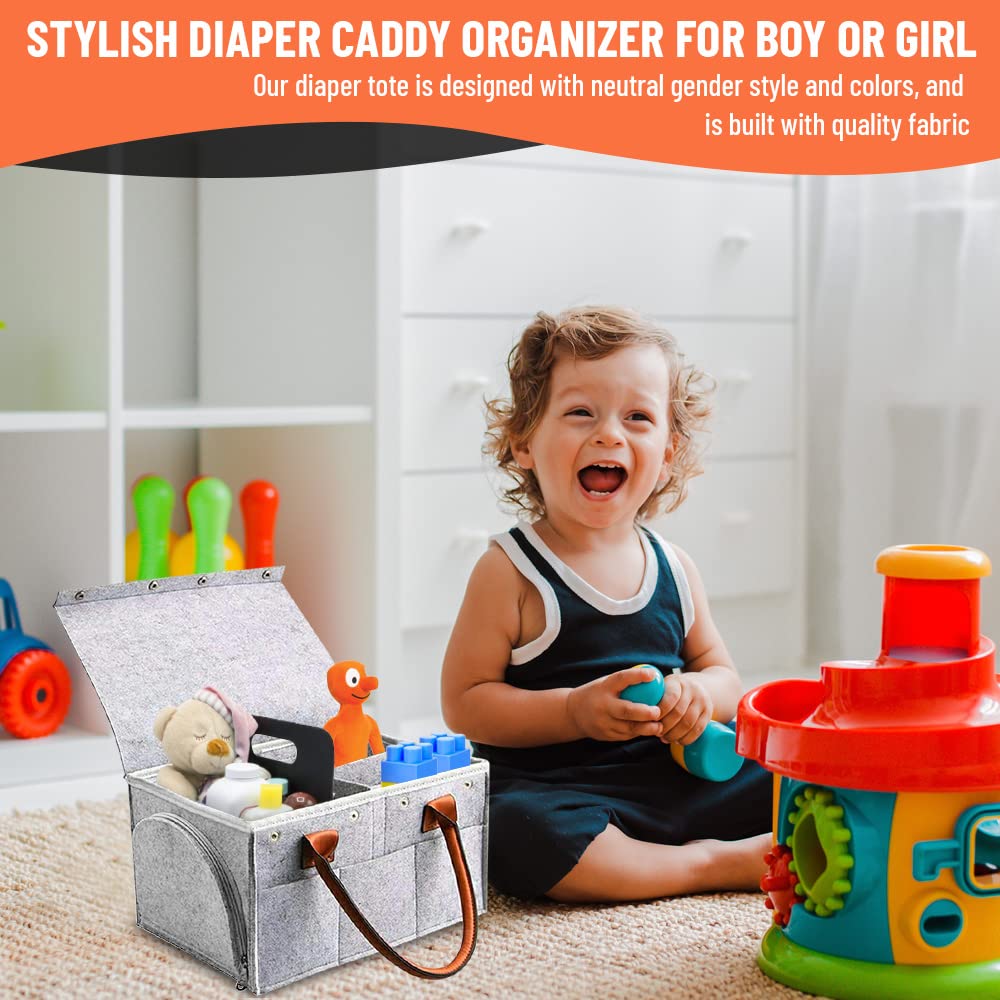 Portable Baby Diaper Caddy Organizer with Lid & Removable Dividers - Multi-Purpose Storage Basket for Nursery, Car & Travel - Perfect Baby Shower Gift & Registry Essential for New Parents