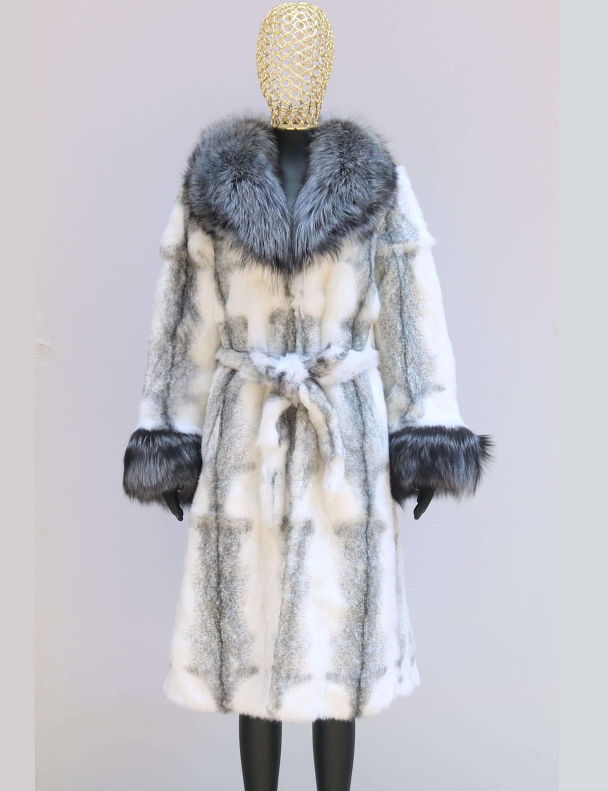 Luxury Women's Genuine Rabbit Fur Coat - Winter Long Jacket with Fox Fur Collar & Cuffs | Warm Elegant Outerwear for Cold Weather & Special Occasions