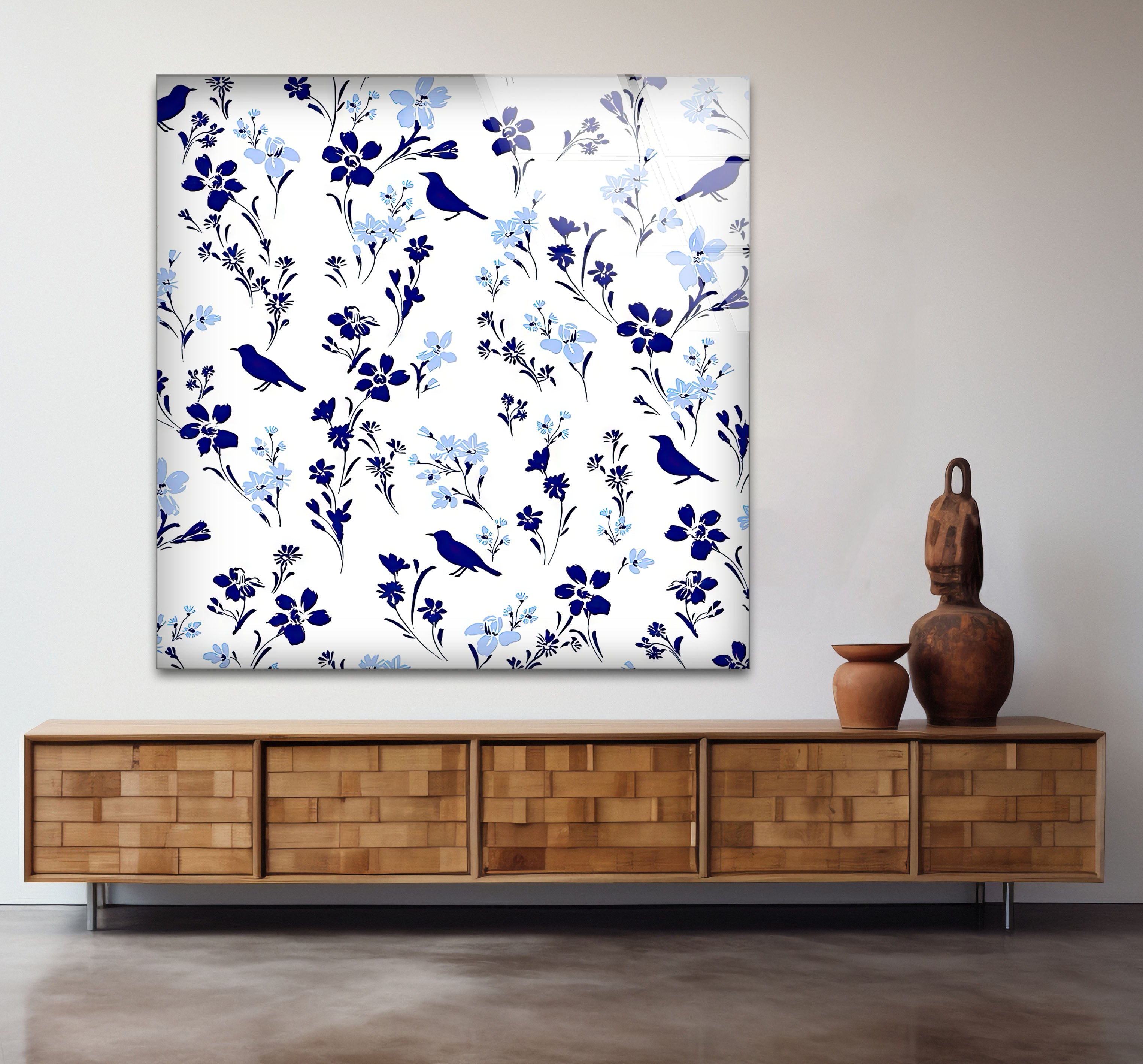 Blue Bird and Wildflower Wall Art Print - Elegant Floral Glass Decor for Nature Lovers | Perfect for Living Room, Bedroom & Office Decor