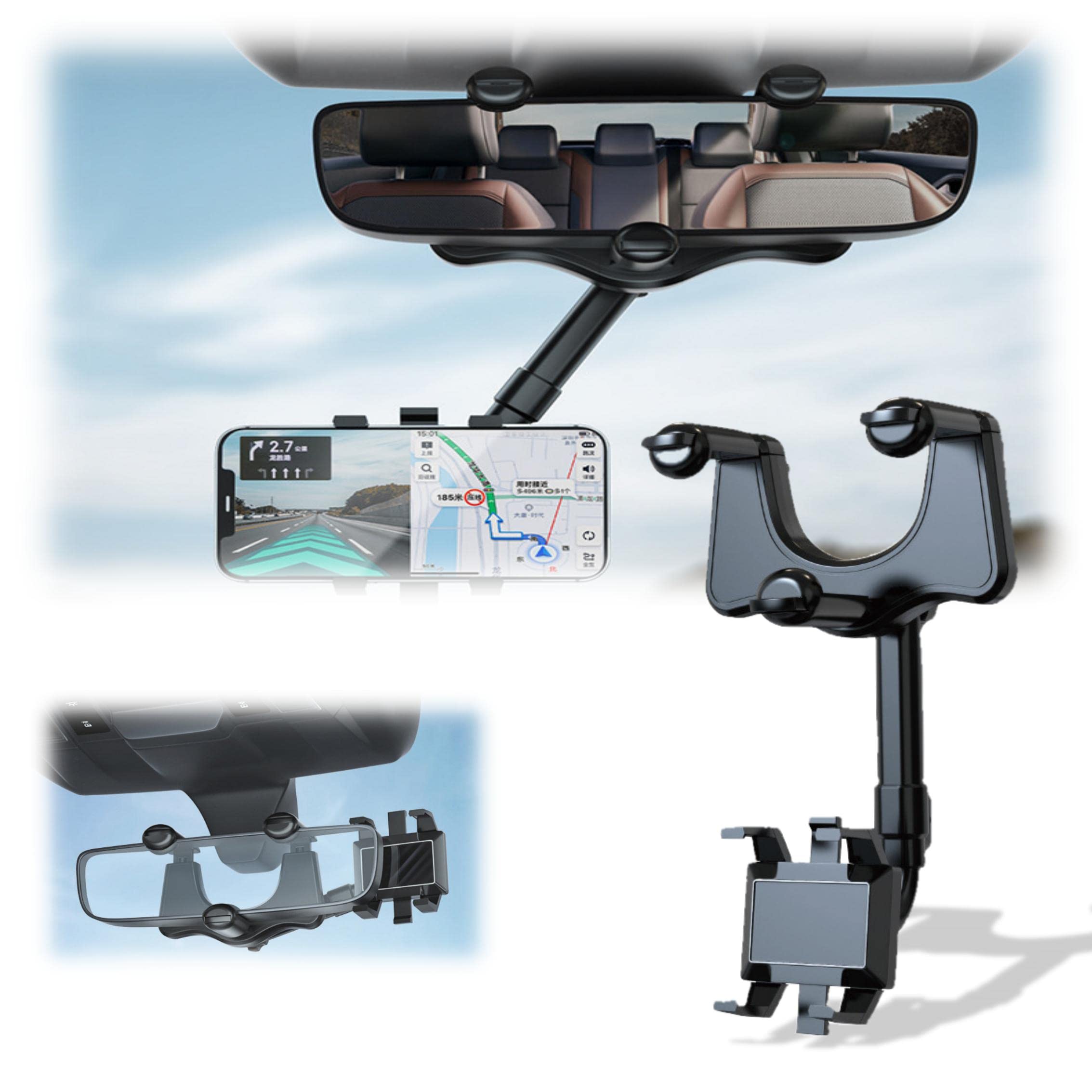 360° Rotatable & Retractable Car Phone Holder - Universal Rear View Mirror Mount for iPhone, Samsung, Android - Perfect for GPS Navigation & Hands-Free Calling
