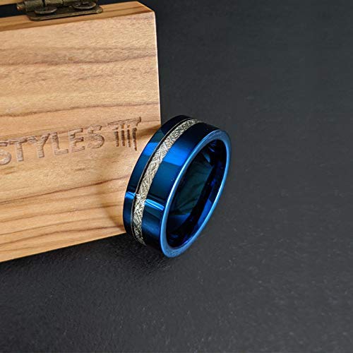 Blue Meteorite Ring for Men - 8mm Comfort Fit Tungsten Wedding Band with Offset Inlay | Unique Meteor Gifts for Him | Perfect for Anniversaries, Engagements & Special Occasions