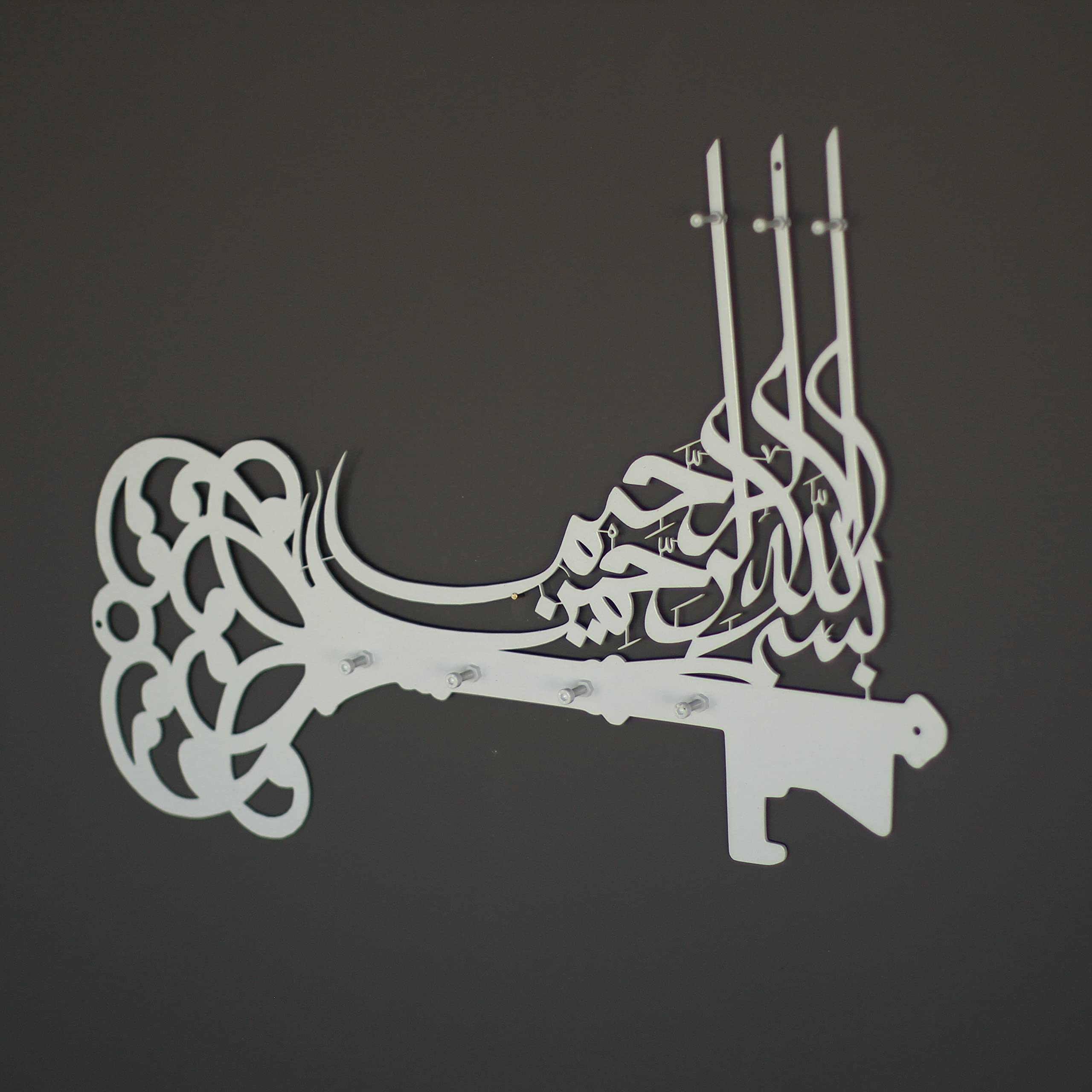 iwa Concept Arabic Calligraphy Bismillah Key Holder - Islamic Basmala Wall Art for Home Decor | Modern Muslim Housewarming Gift | Eid & Ramadan Decoration | Quran Inspired Silver Metal Art - Perfect for Living Room, Mosque, or Office Decor
