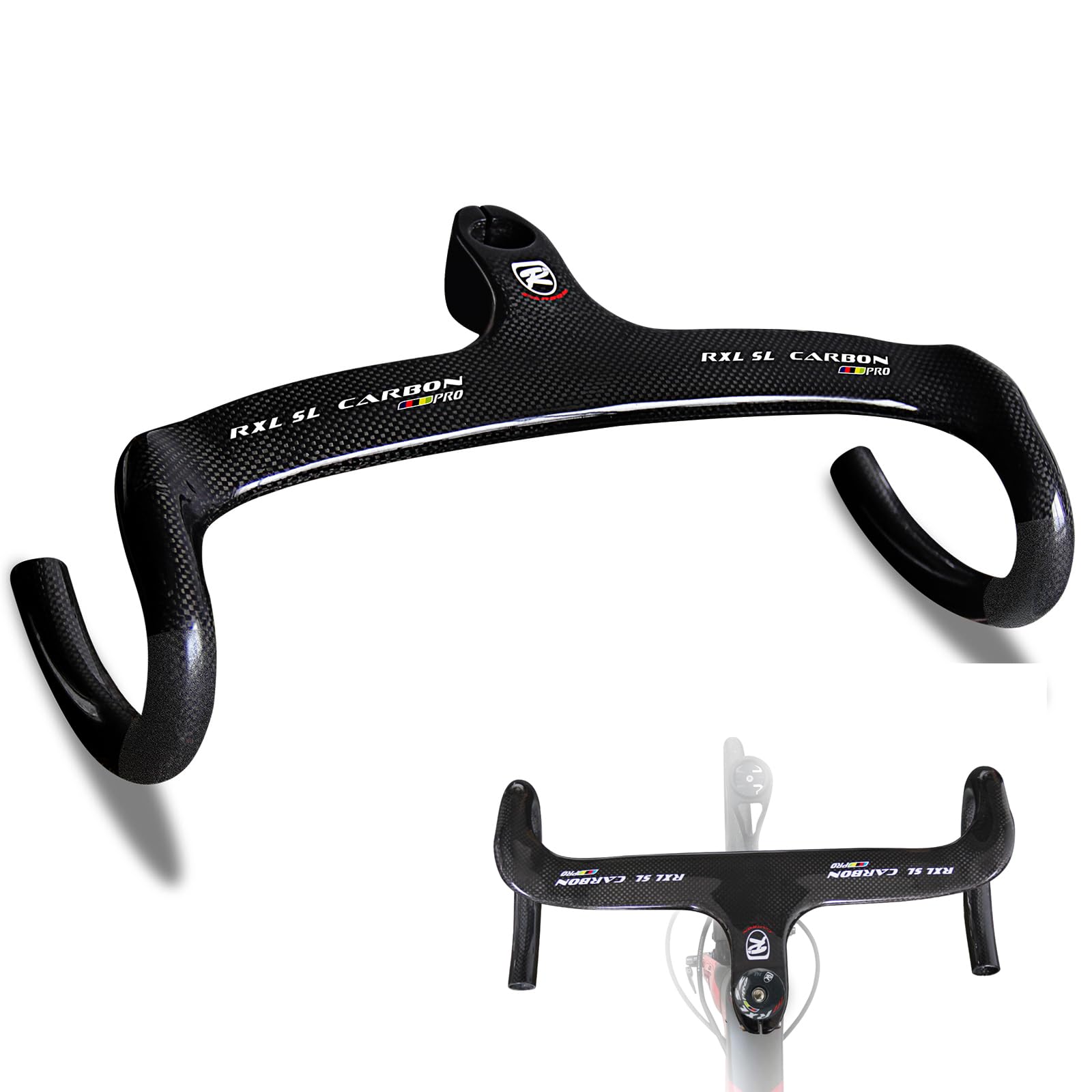 RXL SL Carbon Fiber Road Bike Handlebars with Integrated Stem - 3K Glossy/Matte Drop Bars 400/420/440mm - 1-1/8