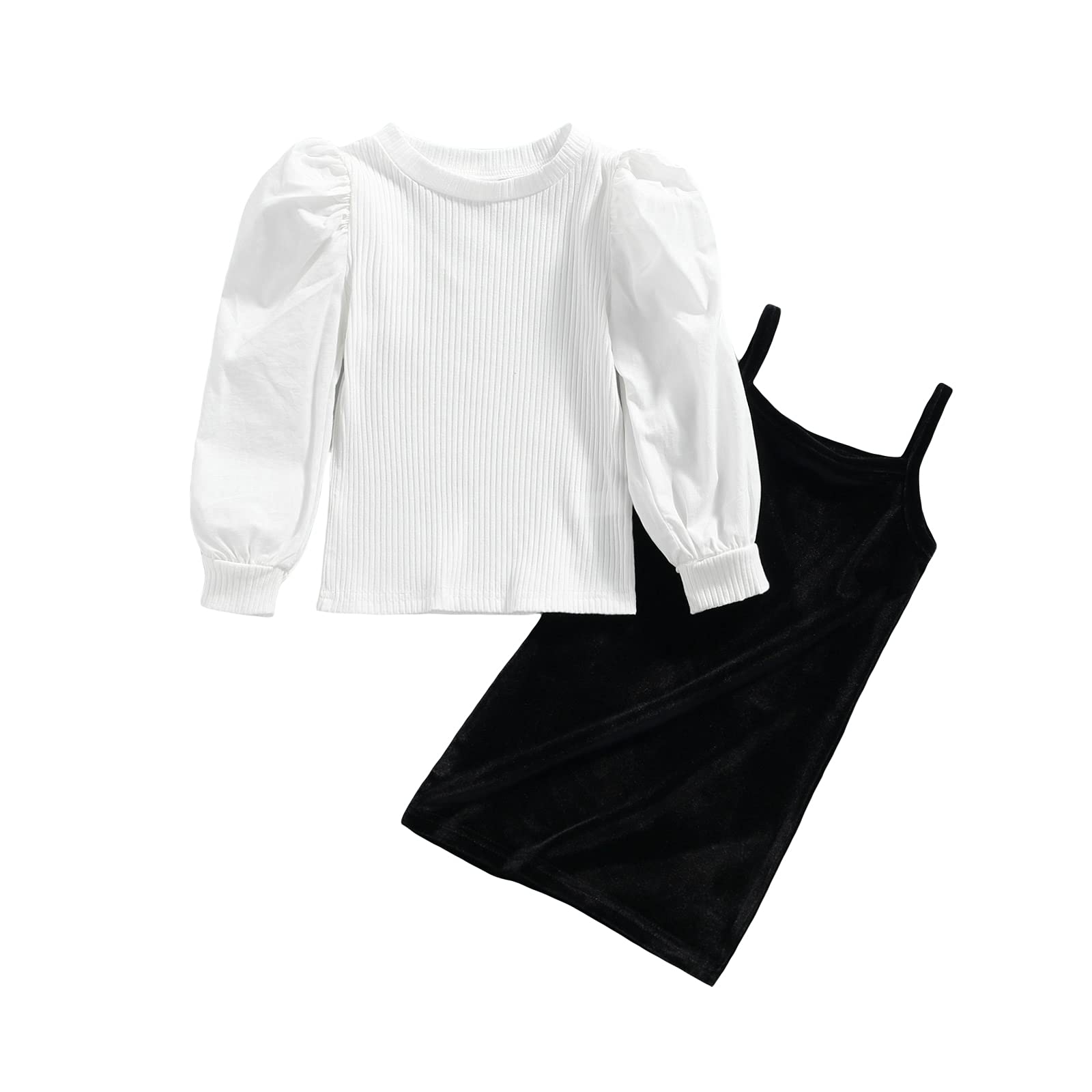 Girl's 2-Piece Outfit - Fashionable Solid Color Puff Sleeve Top & Suspenders Dress Set | Perfect for Birthday Parties, School Photos & Special Occasions