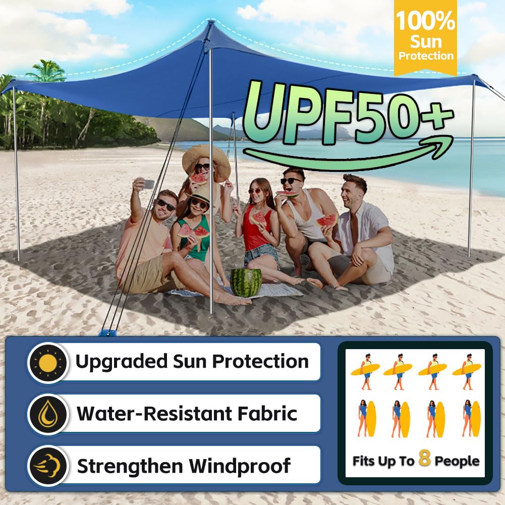 Portable Pop Up Beach Shade Tent - UPF50+ Sun Protection, Windproof & Water Resistant Canopy with Sand Anchors | Easy Setup Family Beach Shelter for Sunbathing, Picnics & Outdoor Adventures