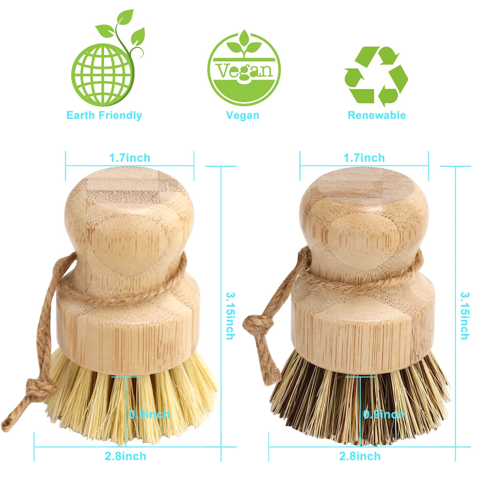 Eco-Friendly Bamboo Dish Brush Set - 2 Pack Natural Palm Wood Dish Scrubber Brushes for Pots, Pans & Vegetables | Durable Kitchen Cleaning Brush for Sink & Dish Washing | Sustainable Home Essentials