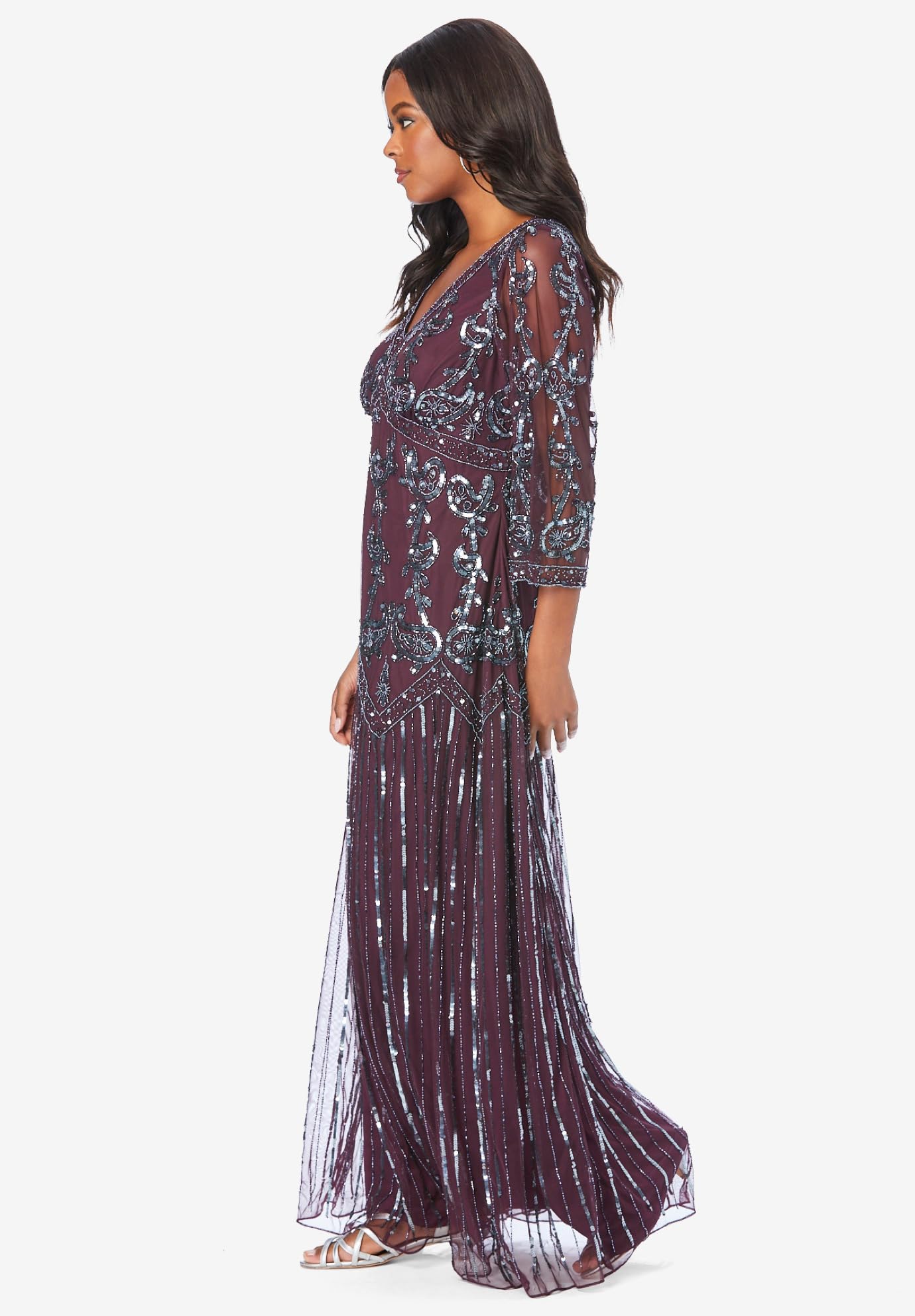 Romantic Plus Size Beaded V-Neck Evening Gown for Women - Elegant Formal Dress for Weddings, Prom & Special Occasions