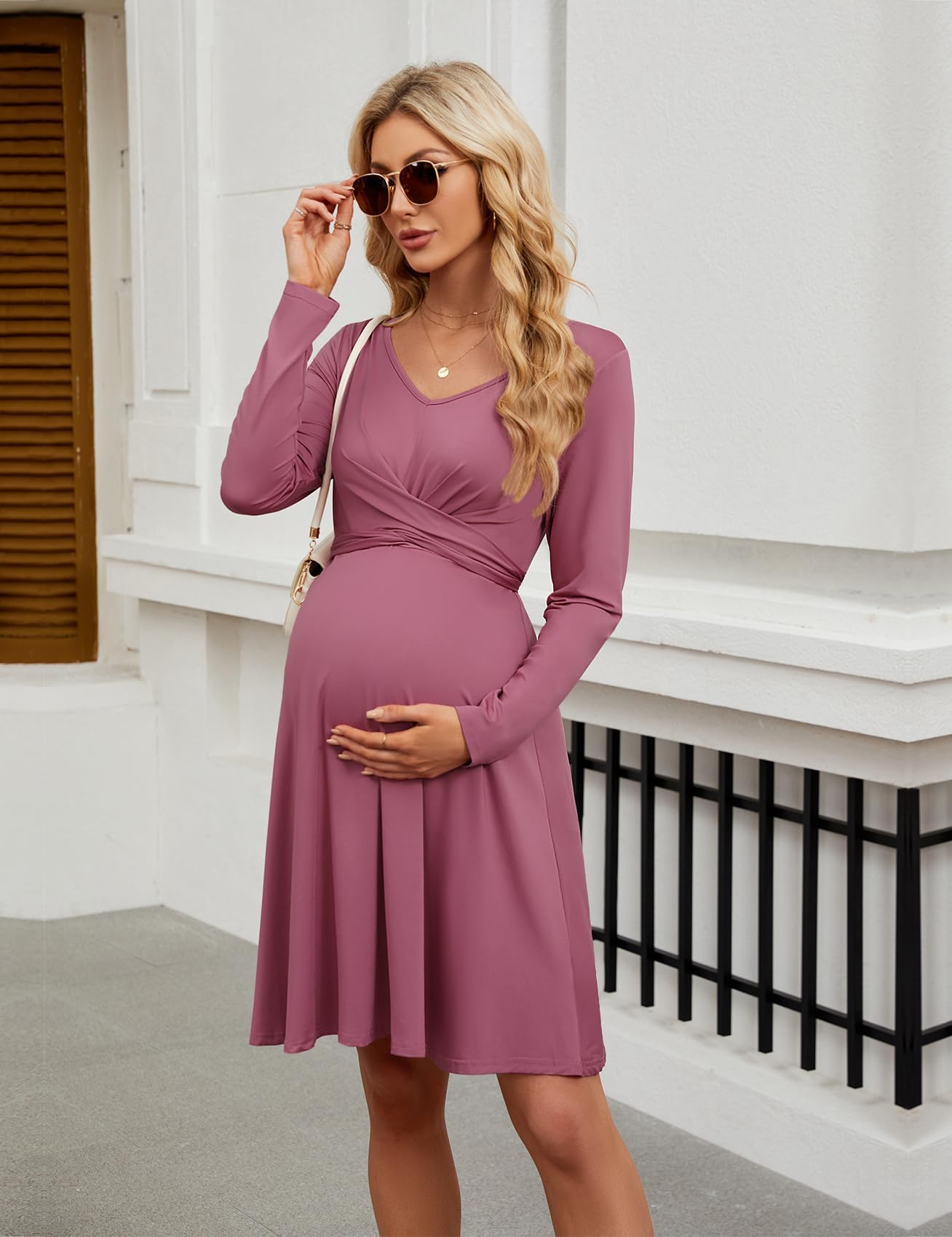 2024 Long Sleeve Maternity Dress - Criss Cross Tie Front A-Line Knee Length Pregnancy Dress for Baby Shower, Fall Casual Wear & Nursing Comfort