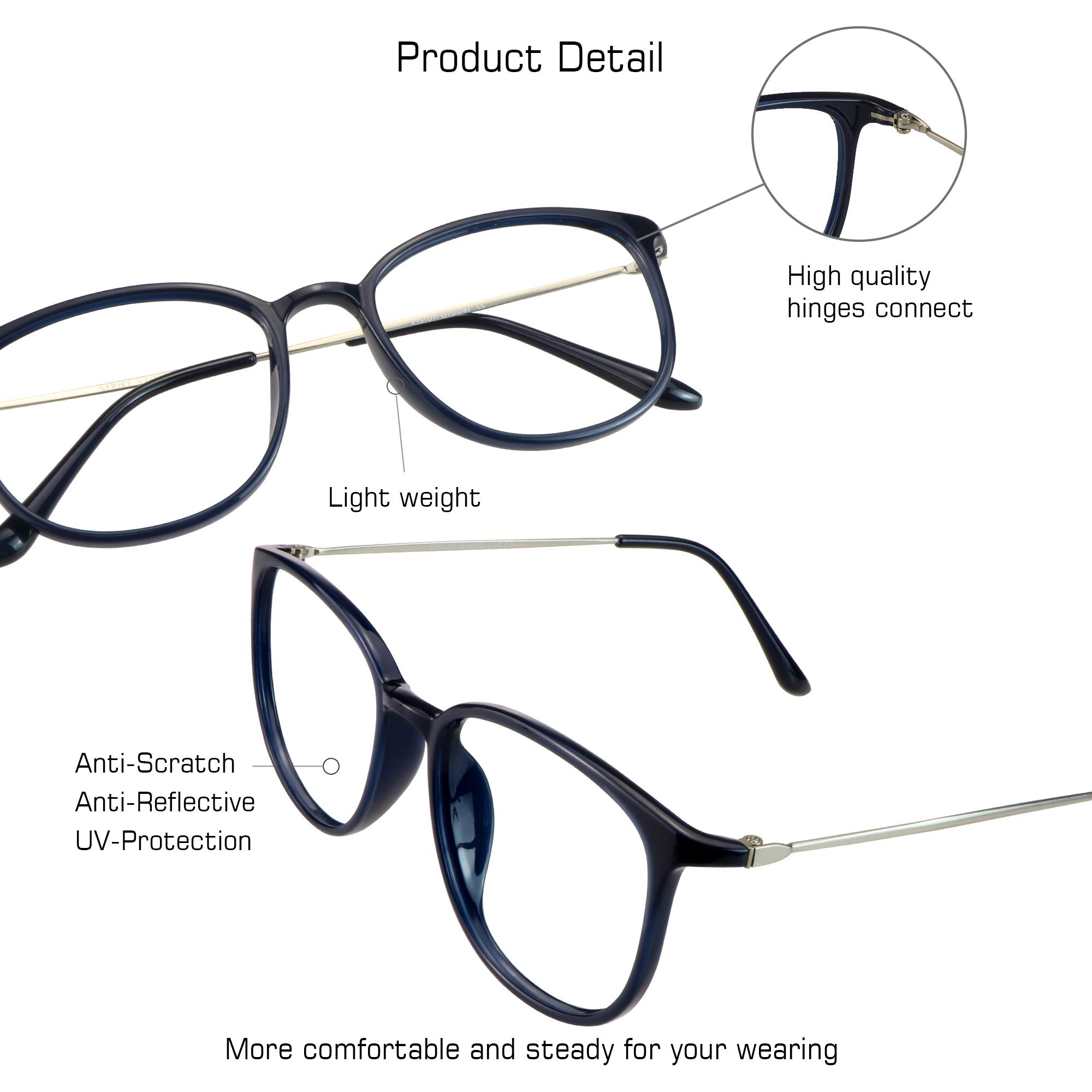 VisionGlobal Blue Light Blocking Glasses for Women & Men - Anti Eyestrain Computer Glasses with Square Frame for Screen Time, Gaming & Reading | Reduce Digital Eye Strain from Phones, Laptops & TV