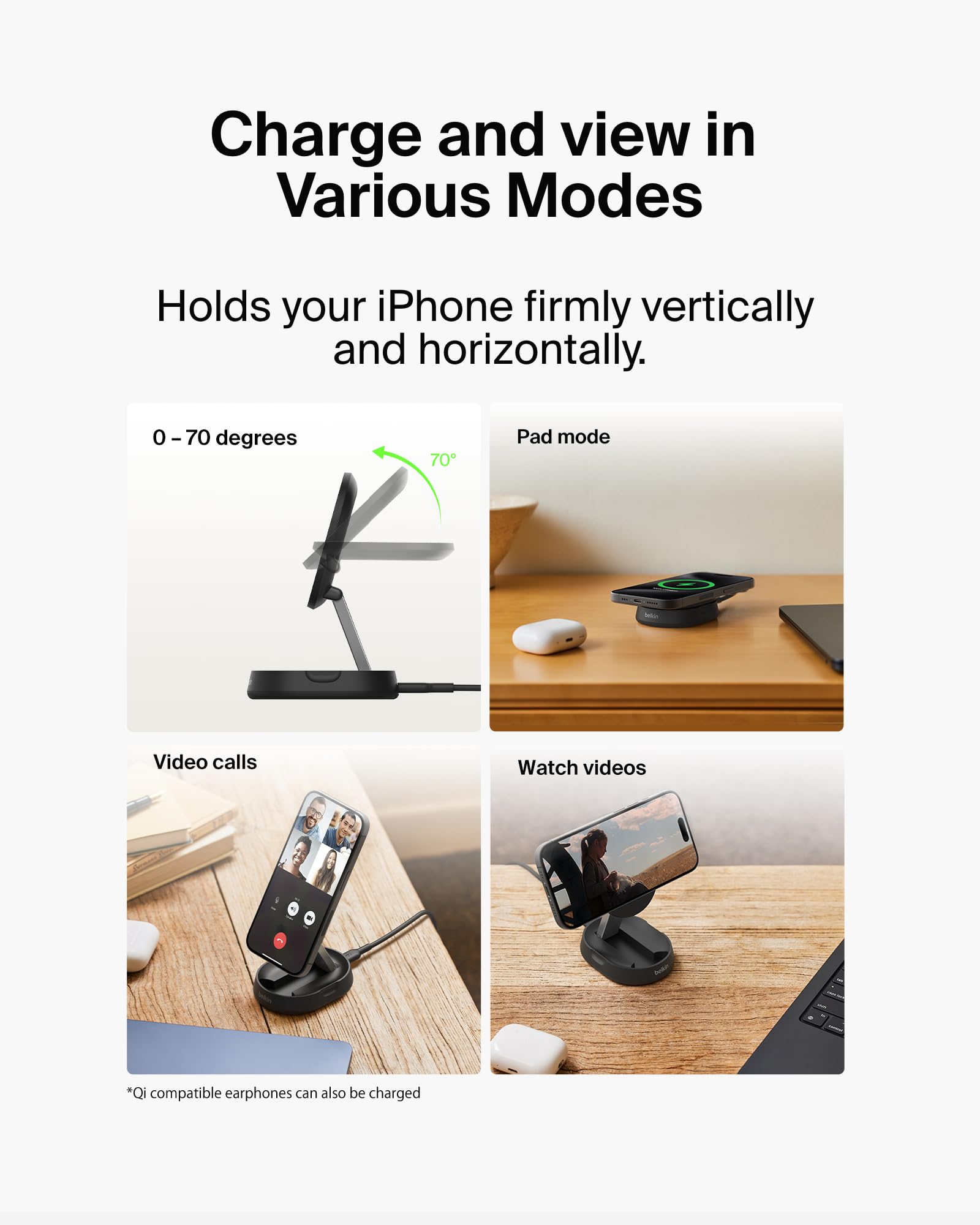 Belkin 15W MagSafe-Compatible Fast Qi2 Charging Stand - Magnetic Wireless Charger for iPhone 16/16 Plus/16 Pro/16 Pro Max, iPhone 15/14 Series, AirPods Pro & Qi-Enabled Devices (Black) | Perfect for Bedside, Office & Travel Charging