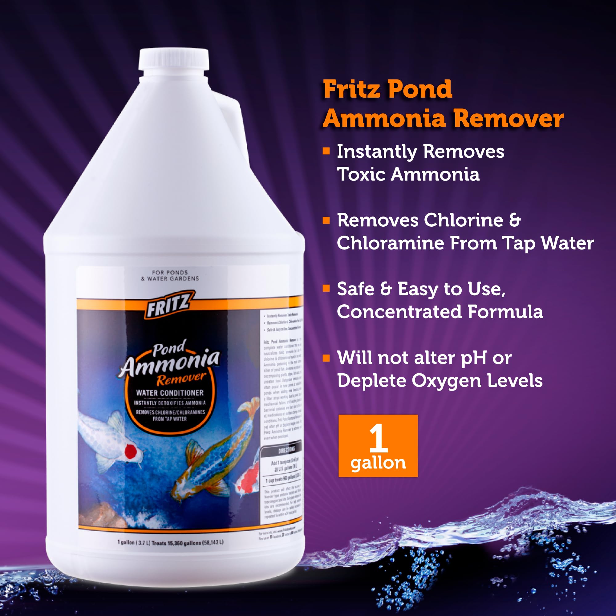 FritzPond Ammonia Remover Water Conditioner for Aquariums - 1 Gallon - Eliminates Chlorine & Detoxifies Fish Tanks - Perfect for Freshwater & Saltwater Fish Care