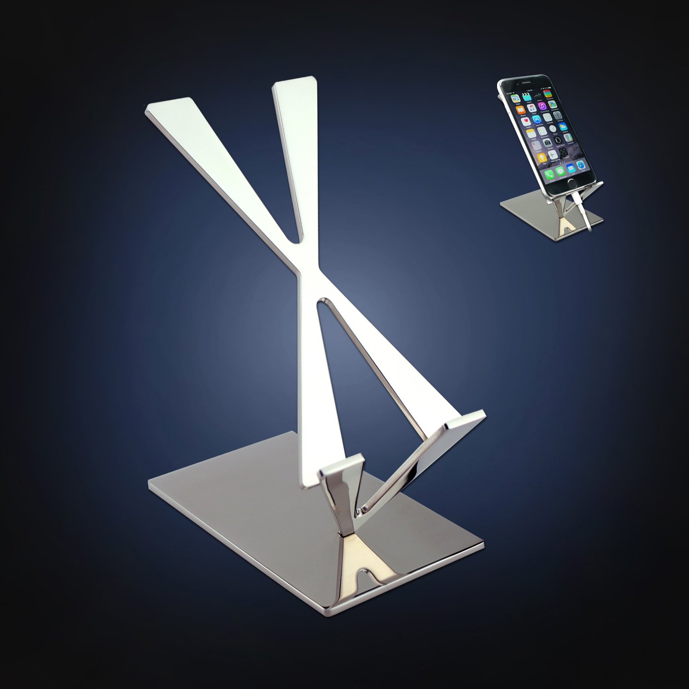 Modern Art Desk iPhone Stand Mr104 - Stainless Steel Mirror Polish (Patent Registered) - Compatible with iPhone, Google Pixel, Samsung Galaxy & iPad - Perfect for Typing, Video Calls & Office Use