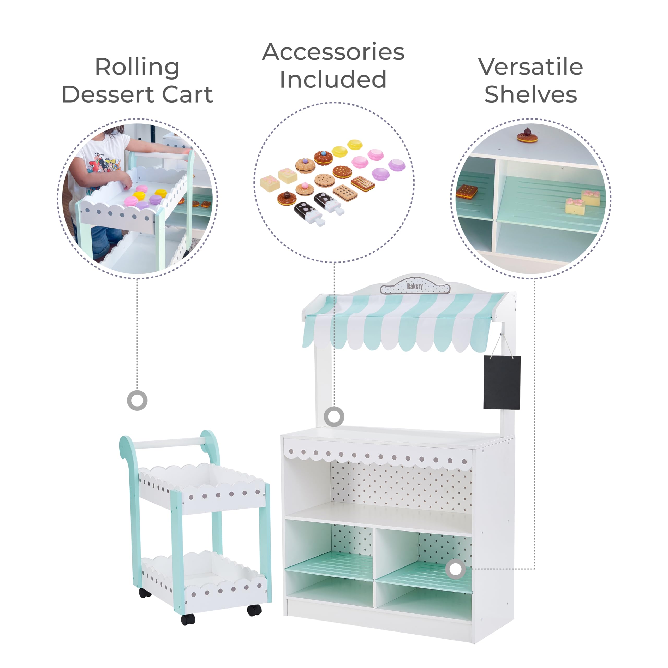 Teamson Kids My Dream Bakery Shop - Interactive Wooden Play Kitchen Set with 18 Pretend Baked Goods, Rolling Pastry Cart & Dessert Stand - White & Mint Green with Gray Polka Dots - Perfect for Pretend Play, Role Playing & Early Childhood Development