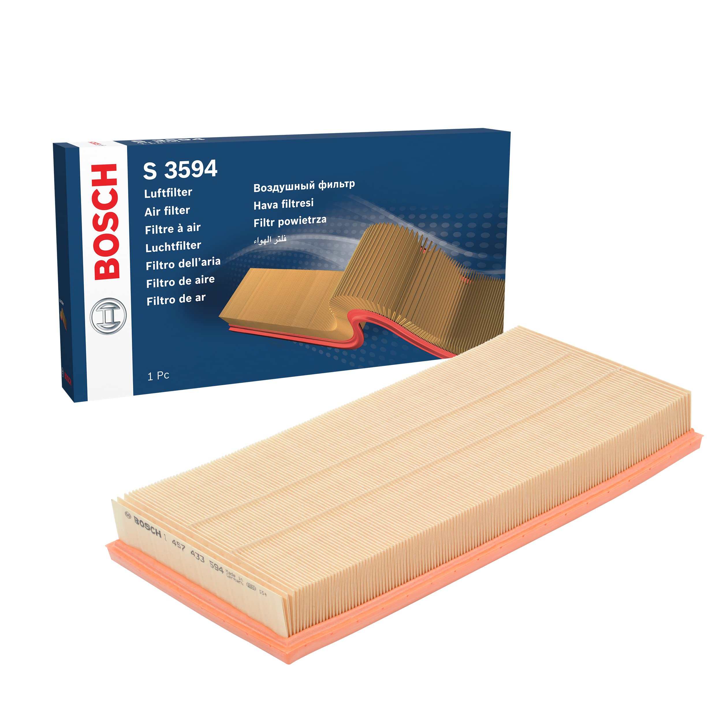 Bosch S3594 Premium Car Air Filter - High Performance Engine Protection for Sedans, SUVs & Trucks | Improves Airflow & Reduces Dust | Ideal for City Driving & Off-Road Adventures