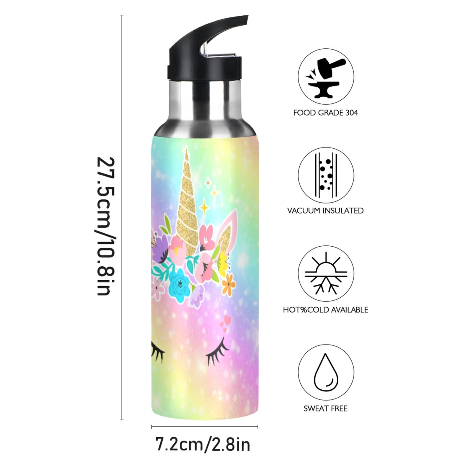 Unicorn Insulated Water Bottle for Kids - 20oz Stainless Steel Vacuum Flask with Straw Lid & Handle, BPA-Free, Leak Proof - Perfect for School, Outdoor Activities & Travel