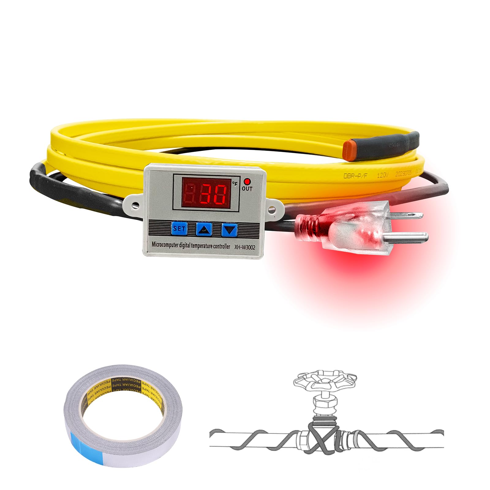 Cupohus Self-Regulating Heat Tape for Water Pipes - 3FT Digital Display Thermostat, Freeze Protection & Roof Deicing Cable for Metal/Plastic Pipes, RV Water Hose - Ideal for Home, RV & Outdoor Winter Pipe Protection