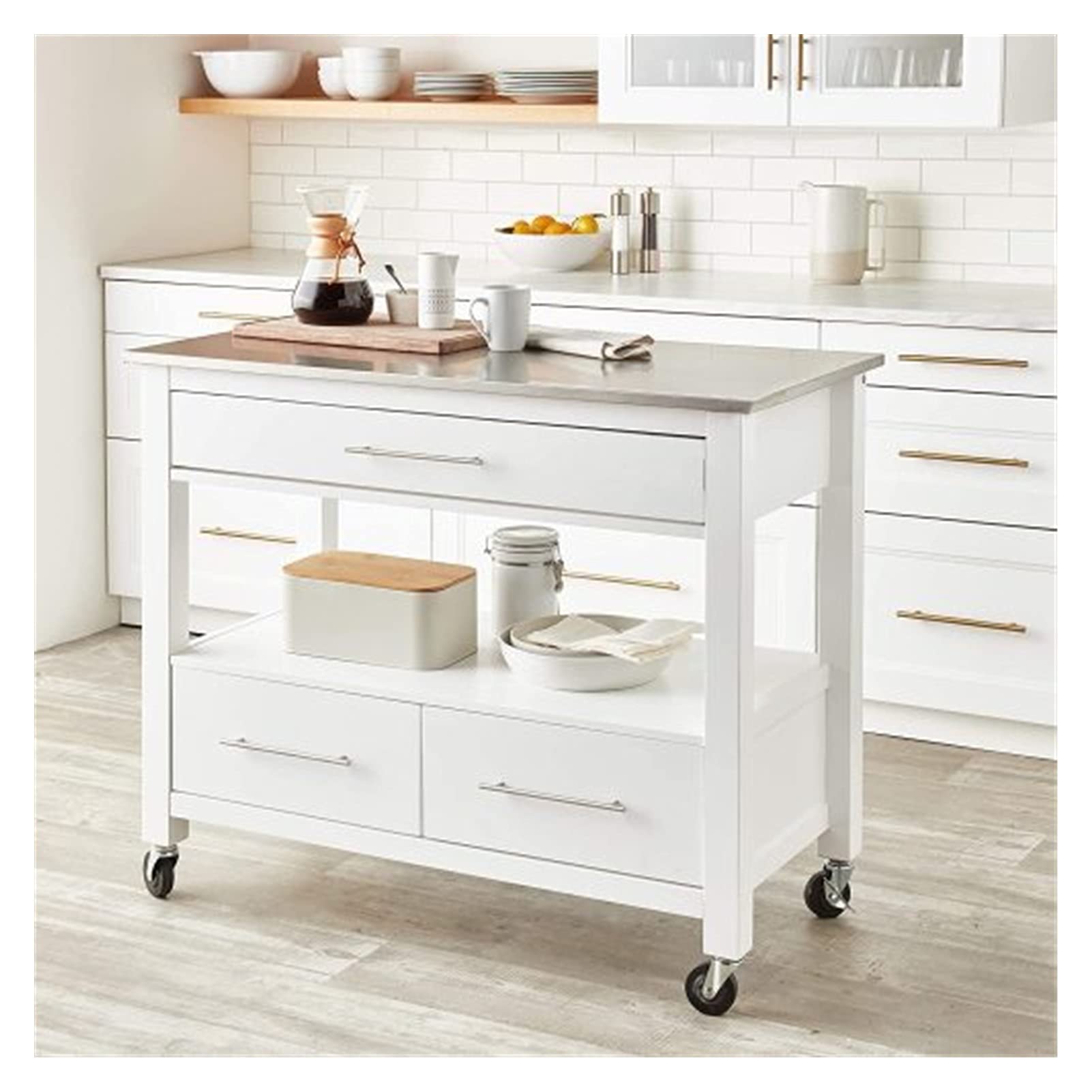 TOPOU Stainless Steel & White Kitchen Cart with Wheels - Rolling Kitchen Island Organizer for Small Spaces, Countertop Storage Rack for Cooking, Baking, and Dining Prep - Perfect for Apartments, Dorms & Compact Kitchens