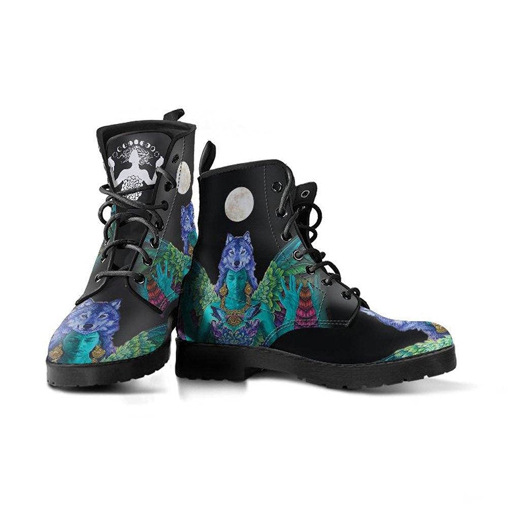 Wolf Spirit Animal Memory Foam Boots - All Season Vegan Leather Combat Boots for Women & Men | Lace Up Ankle Boots for Hiking, Outdoor & Casual Wear
