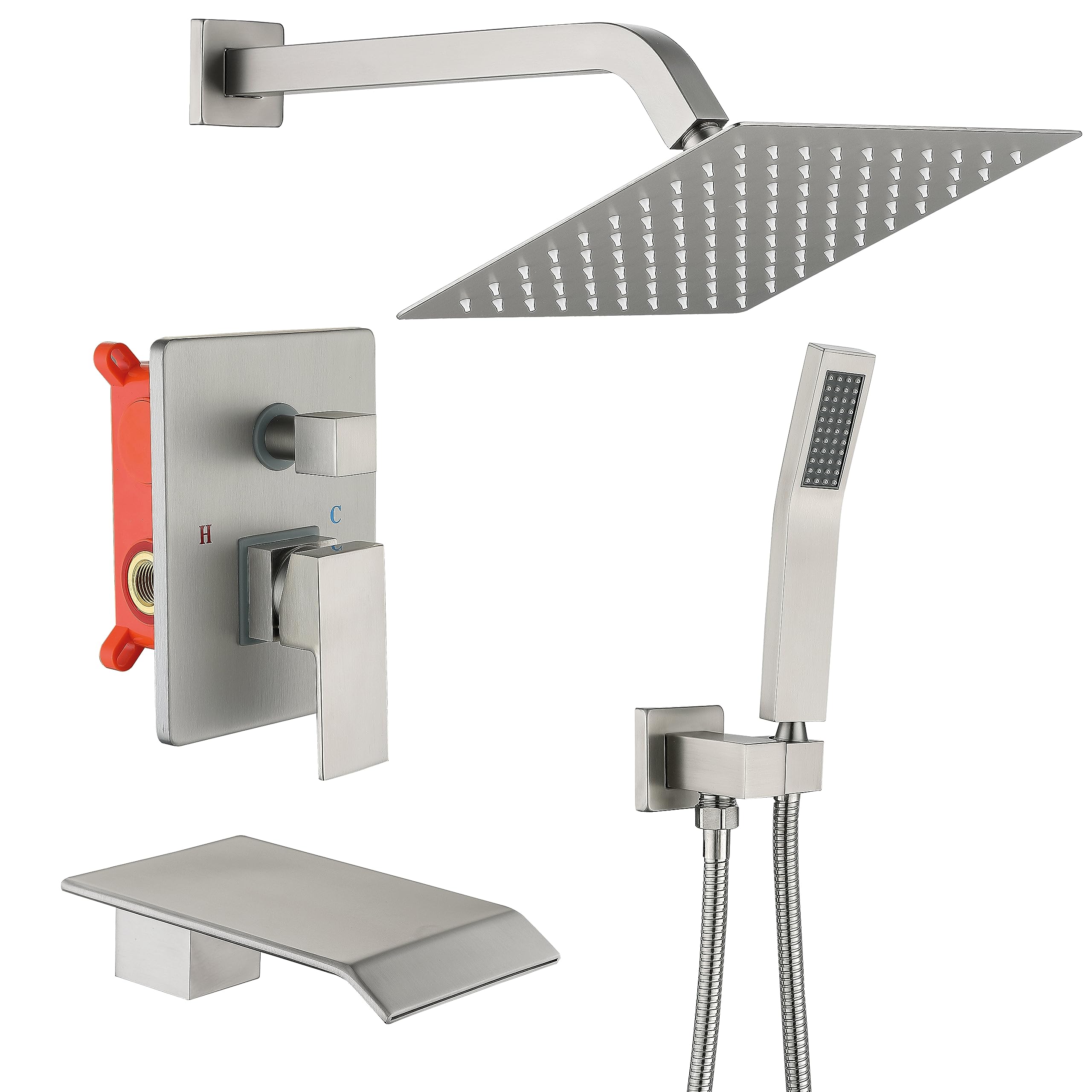 Brushed Nickel 10-Inch Shower Faucet Set with Handheld Spray & Waterfall Spout - Luxury Bathroom Fixture for Bathtub and Shower Combo | Perfect for Spa-Like Experience and Modern Home Renovation