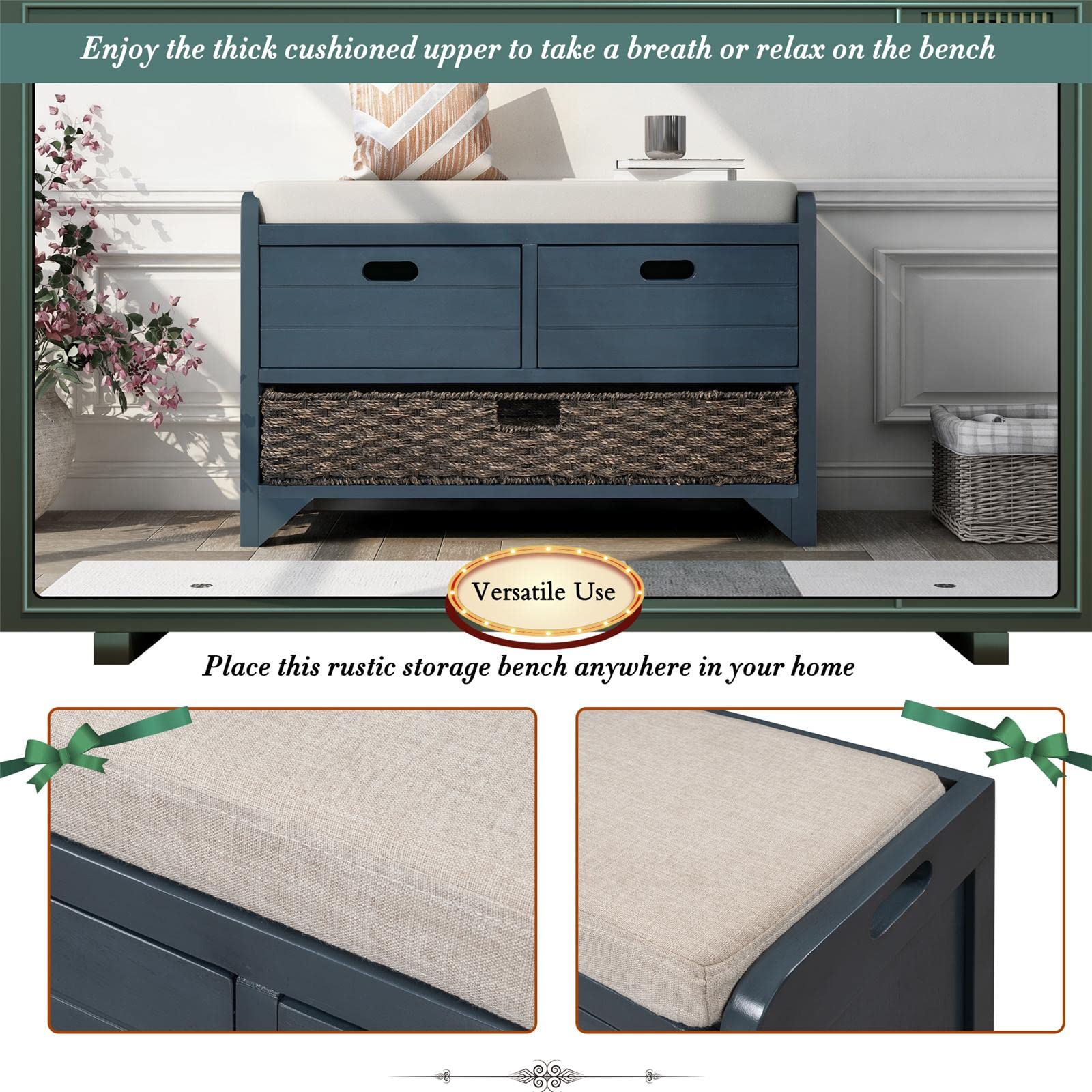 JINS&VICO Entryway Storage Bench with Removable Basket & 2 Drawers - Shoe Bench with Cushion for Hallway, Living Room - Fully Assembled Navy Blue Organizer for Shoes, Hats & Home Decor