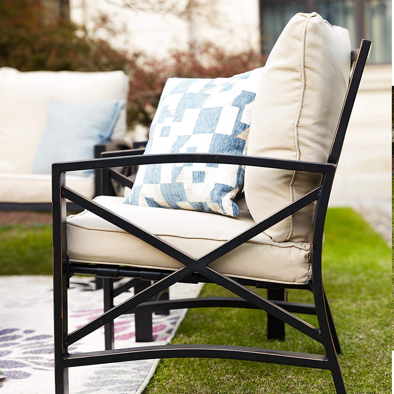 8-Piece Outdoor Patio Conversation Set with Loveseat, Cushioned Chairs, Coffee Table & Side Tables - Durable Metal Bistro Furniture for Garden, Backyard, Poolside & Terrace (Khaki)