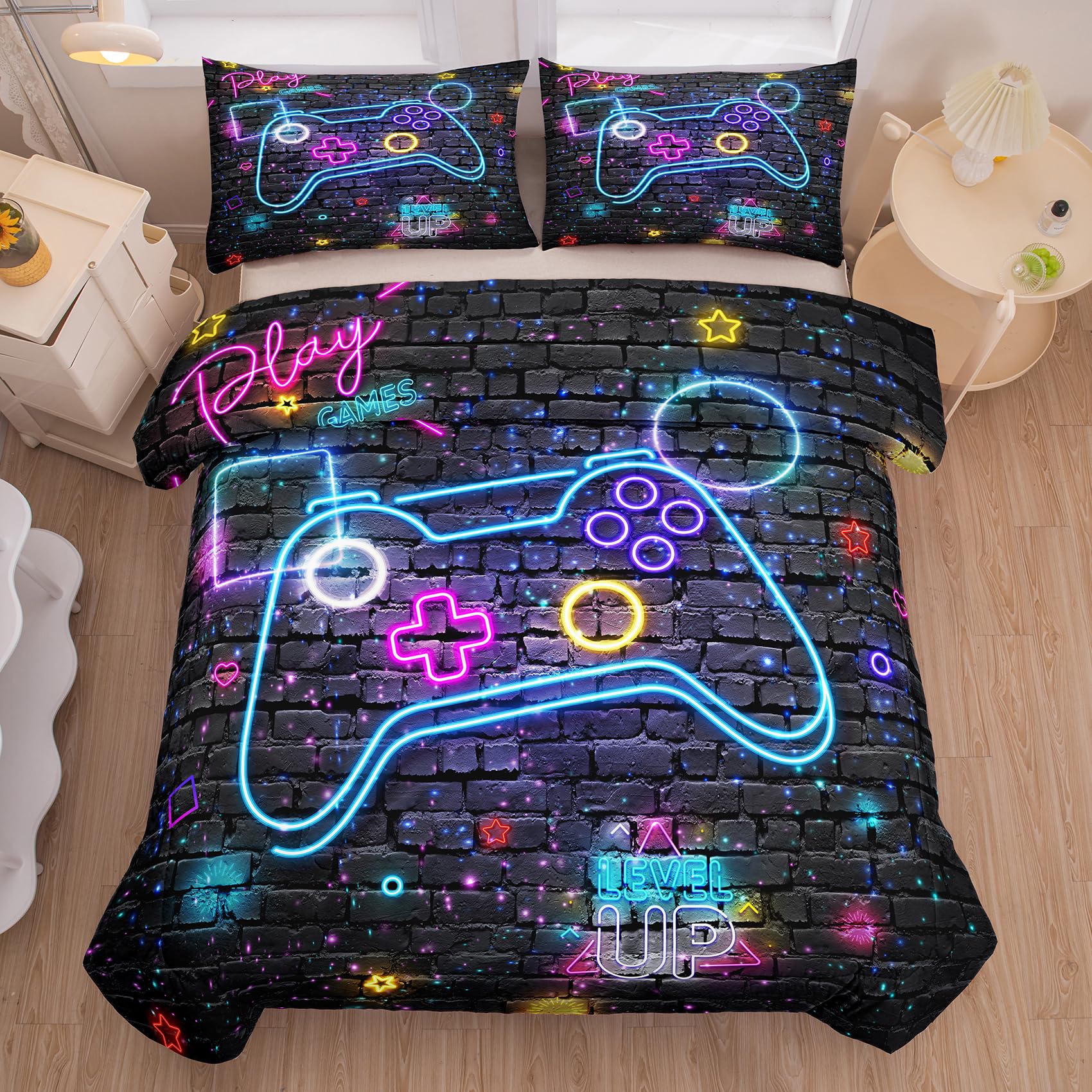 MWMWMW Gaming Comforter Set for Boys - 5 Piece Twin Size Bed in a Bag with Flat Sheet, Fitted Sheet, Pillowcases & Comforter | Video Game Themed Bedding for Kids & Teens | Perfect for Gaming Rooms, Sleepovers & Boys Bedroom Decor