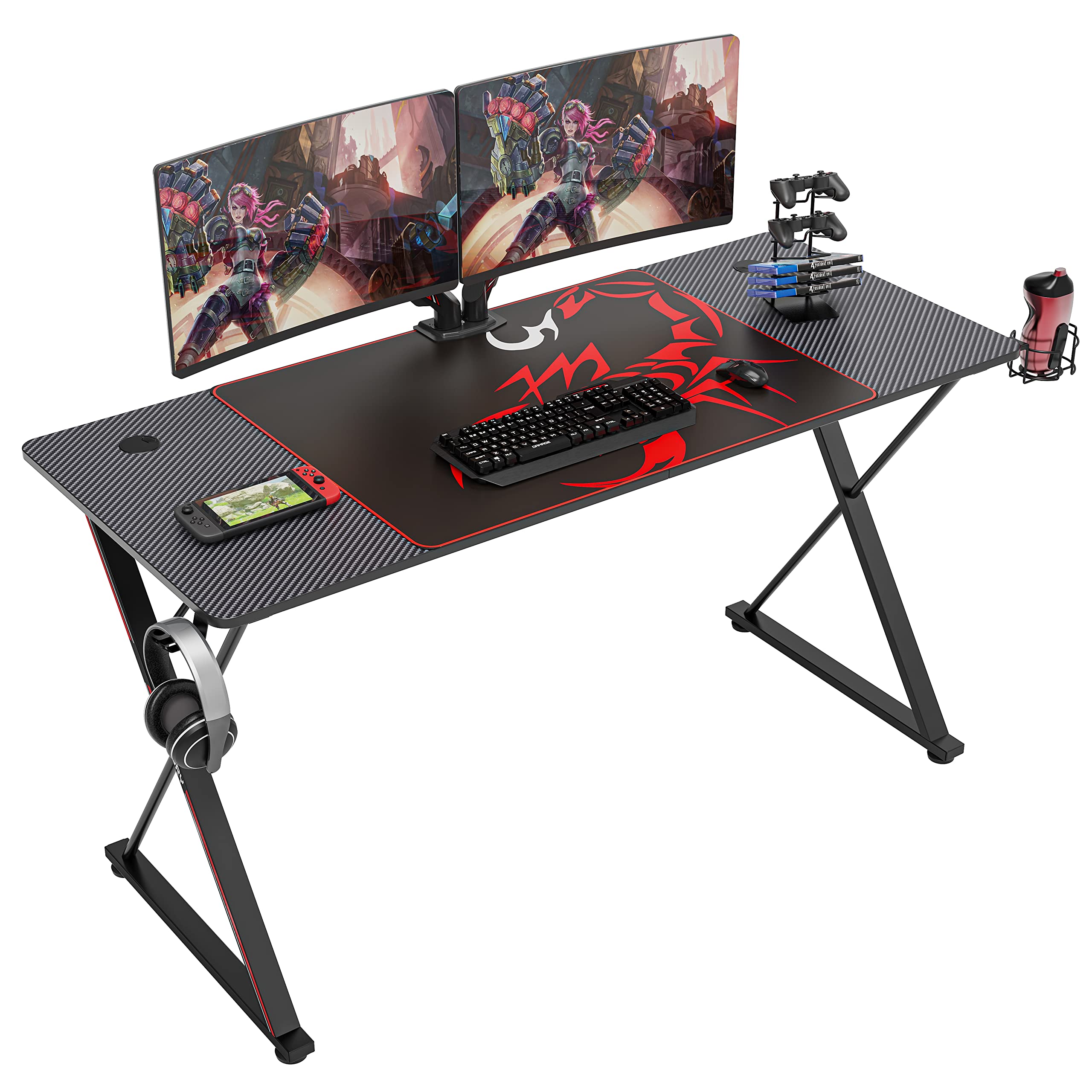 EUREKA ERGONOMIC 55 Inch Gaming Desk - Carbon Fiber X-Shaped Computer Desk with Mouse Pad, Cup Holder, Headphone Hook & Controller Stand - Perfect for PC Gaming & Home Office Workstations (Black)
