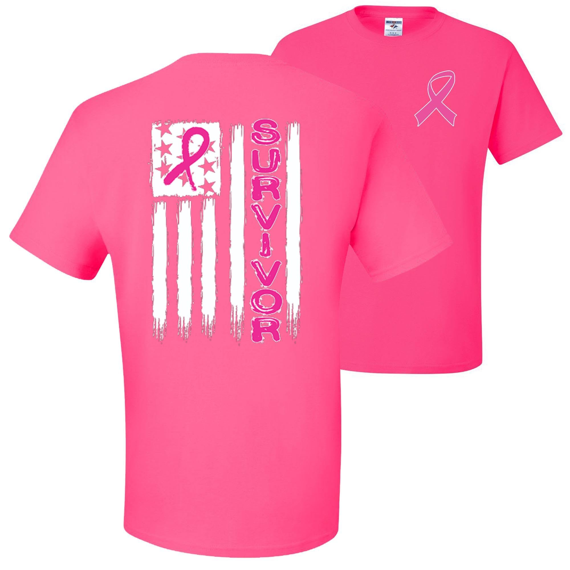 Wild Custom Apparel - Breast Cancer Awareness American Flag Front & Back Men's T-Shirt - Patriotic Support Tee for Cancer Survivors & Awareness Events