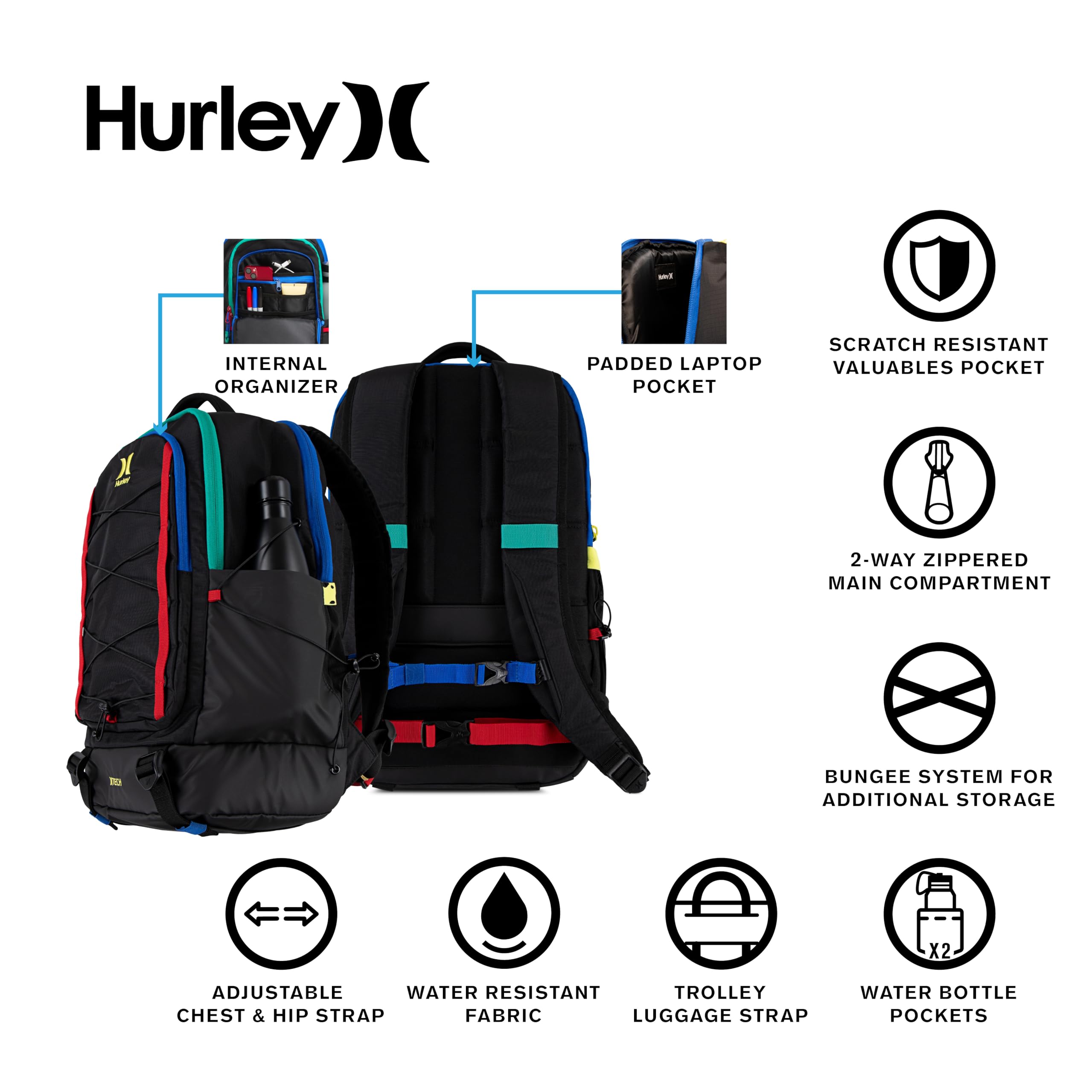 Hurley Men's Commuter Travel Backpack - Waterproof Laptop Backpack for Work, Gym & College - Durable Black Daypack with USB Charging Port - Perfect for Business Travel & Daily Commute