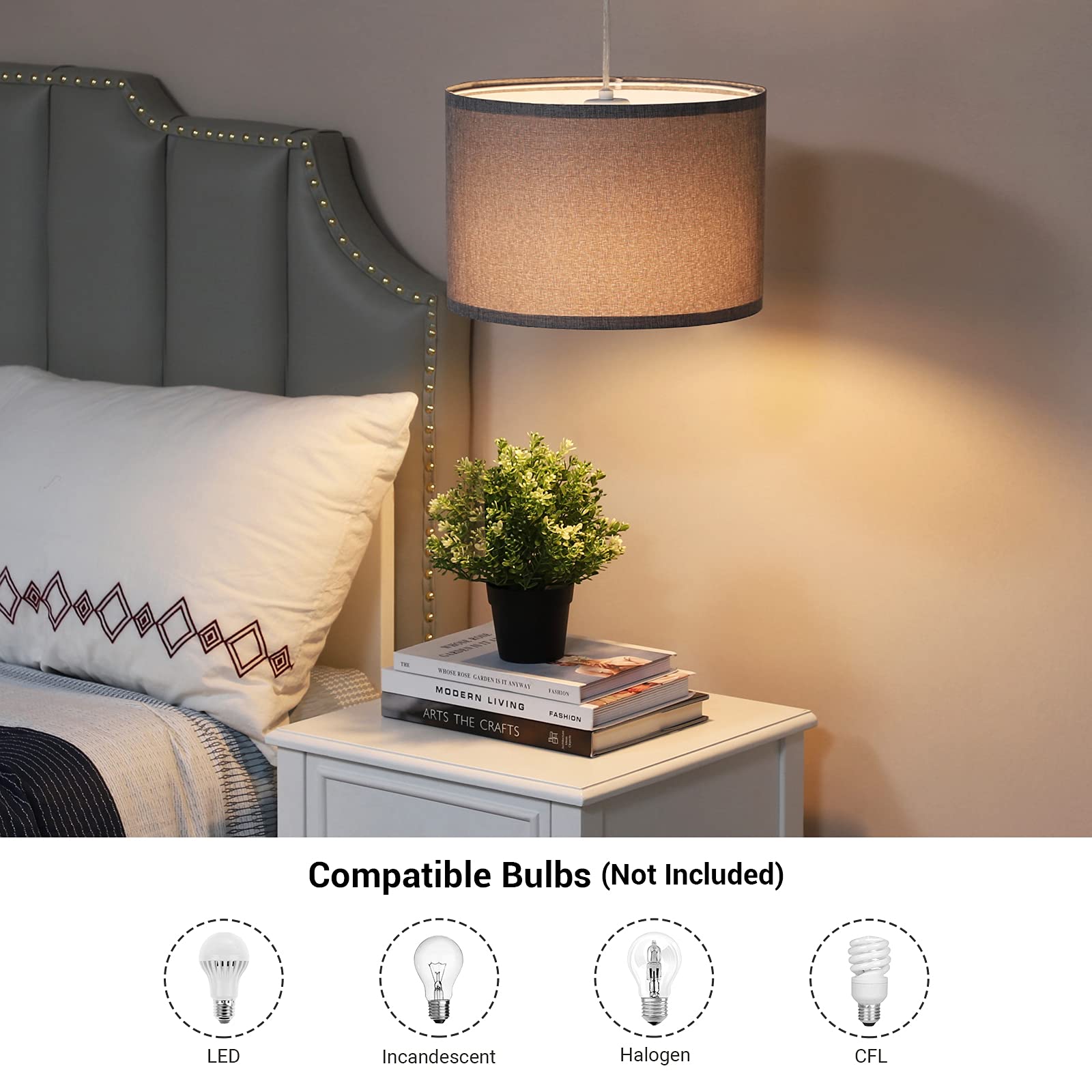 DEWENWILS Plug-in Wall Light with 15ft Clear Cord - Gray Fabric Lampshade Hanging Lamp with On/Off Switch - Perfect for Bedroom, Kitchen, Living Room & Dining Room Lighting Decor