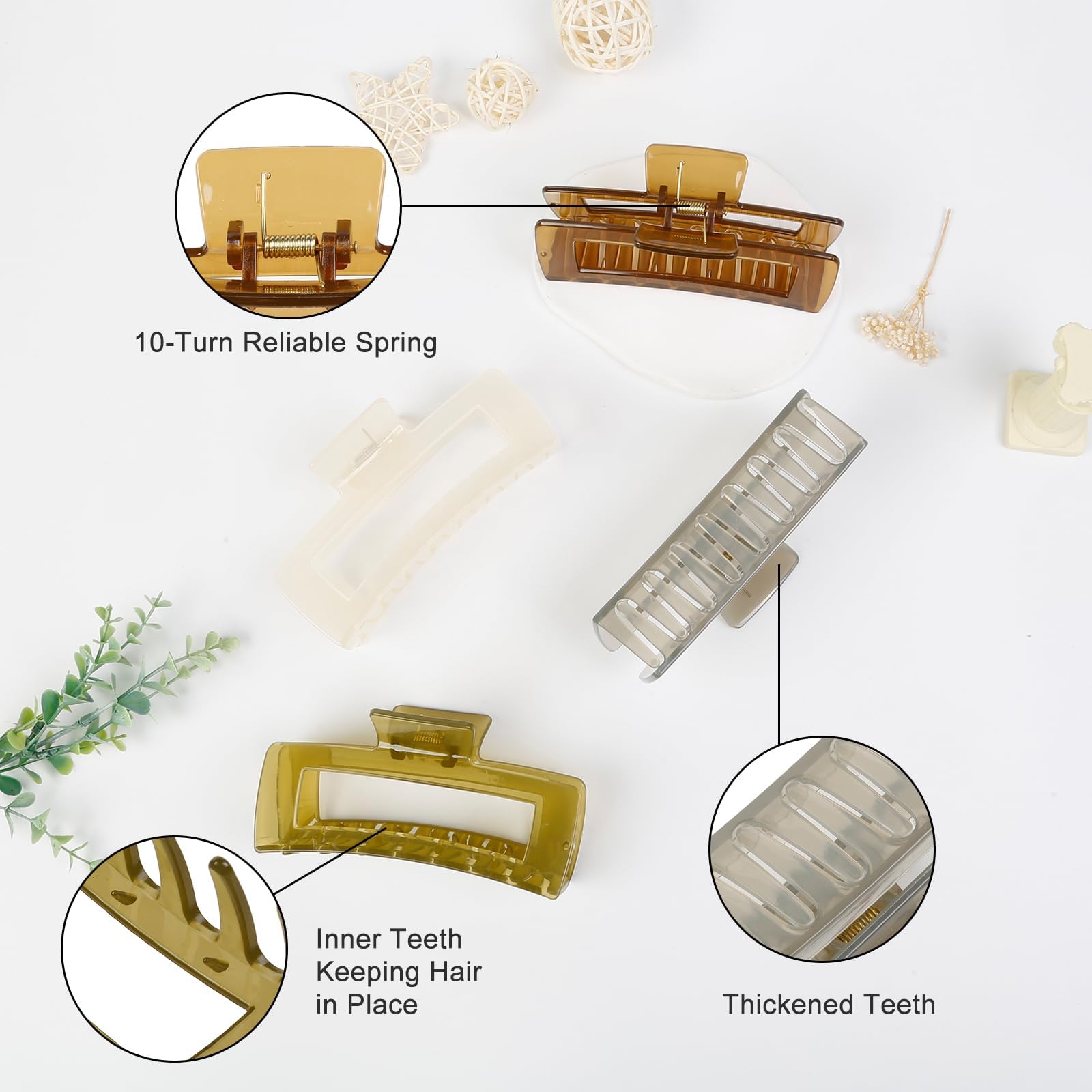 Extra Large Hair Claw Clips for Women - 5 Inch Unbreakable Rectangle Clips for Thick Hair, Non-Slip Strong Hold Hair Claws (4 Pack) - Perfect for Updos, Ponytails & Everyday Hairstyles