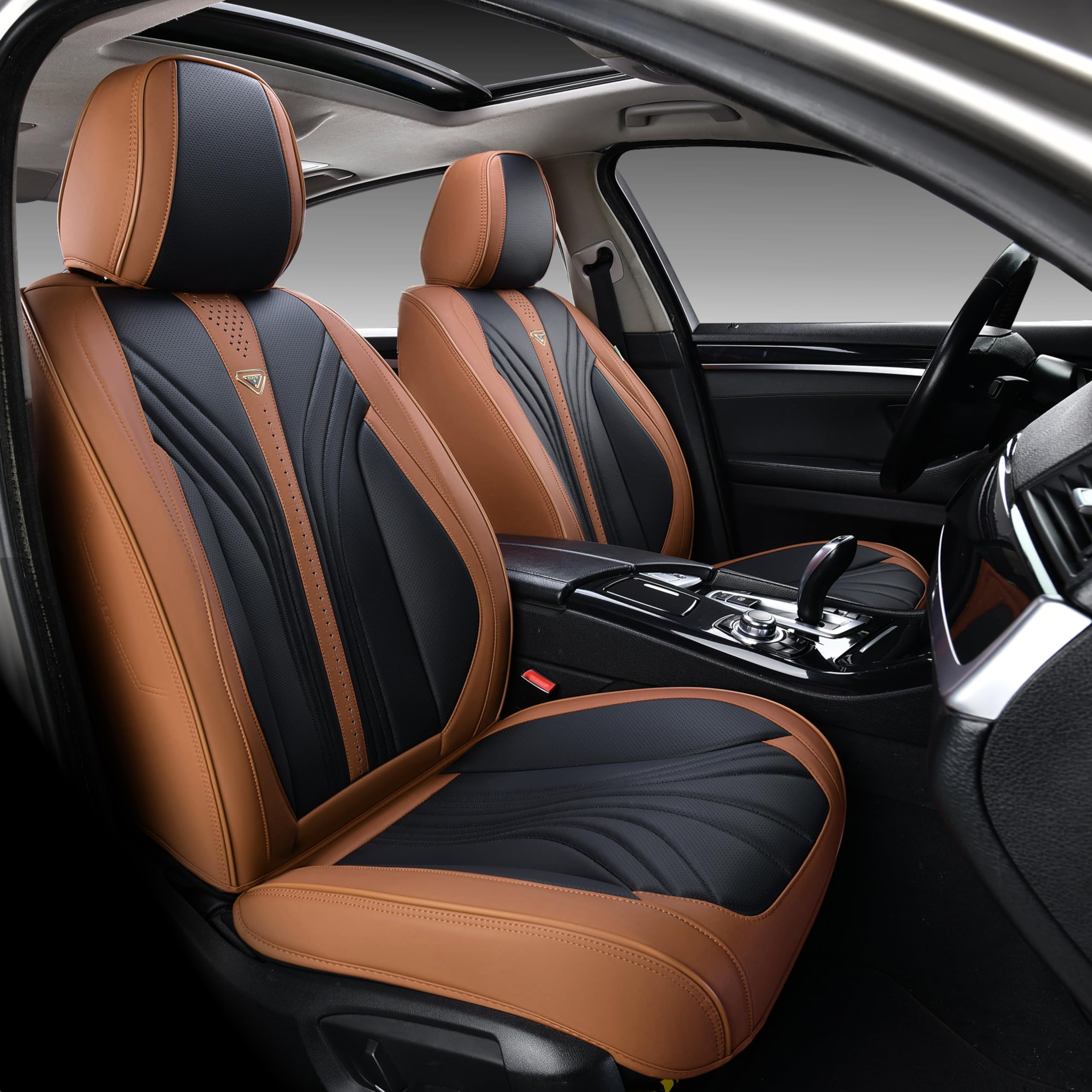 FLORICH Genuine Leather Car Seat Covers - 2-Piece Waterproof Front Seat Protectors for Cars, SUVs & Trucks | Universal Fit, Black & Brown Auto Accessories | Perfect for Daily Commute, Road Trips & Vehicle Protection