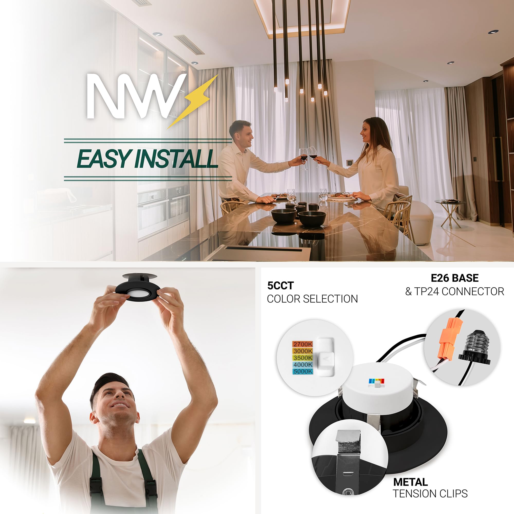 NUWATT Black 4 Inch Gimbal Retrofit LED Recessed Lighting - 5CCT Selectable (2700K-5000K), 750lm High Brightness, 10W, Adjustable Sloped Ceiling Light, Dimmable Eyeball Lights - 6 Pack - Perfect for Living Rooms, Kitchens & Bedrooms
