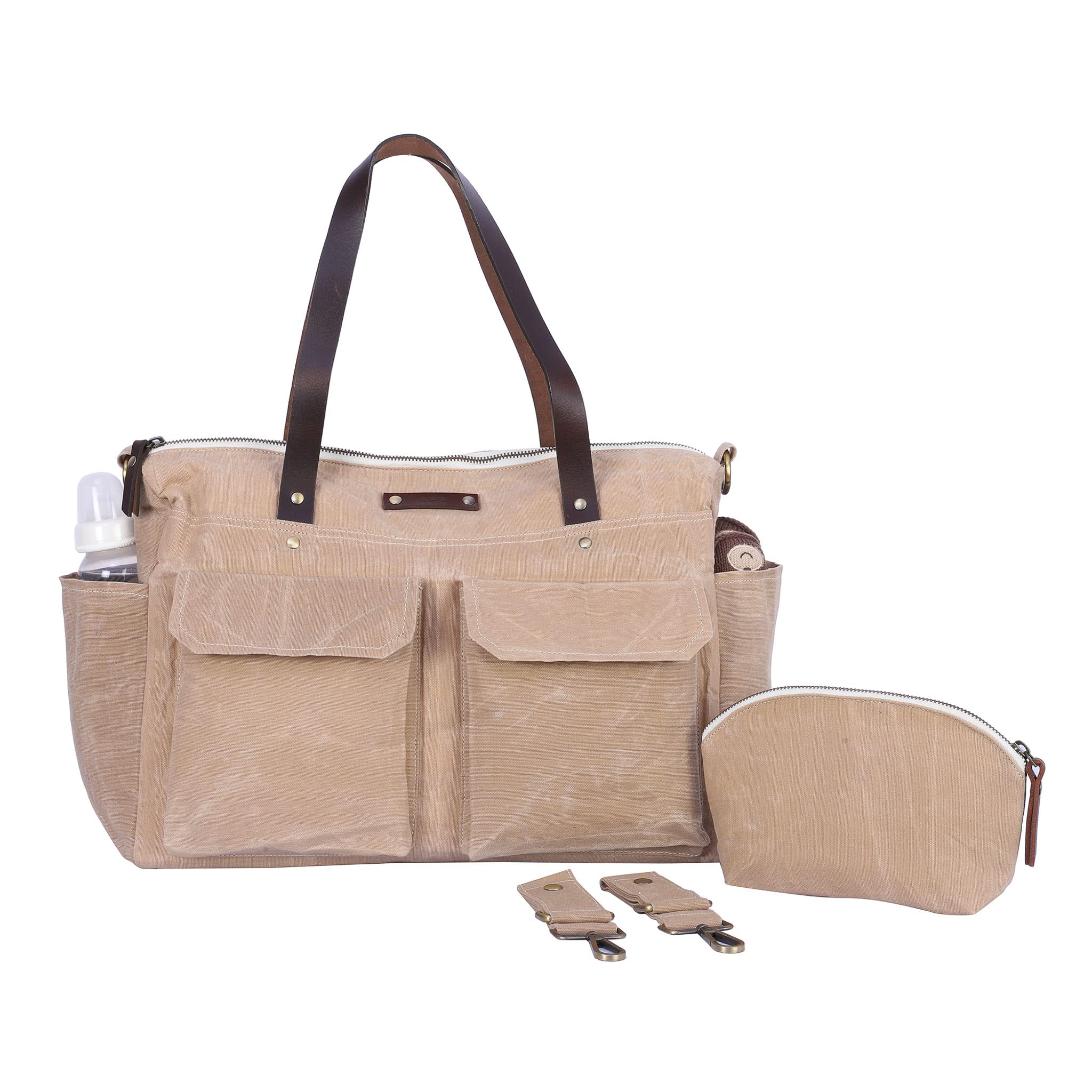 Premium Large Tote Diaper Bag Set with Stroller Clips & Pouch - Waterproof Crossbody Messenger Bag with 11 Pockets - Waxed Canvas & Leather Design for Moms - Perfect for Baby Outings, Travel & Daily Use