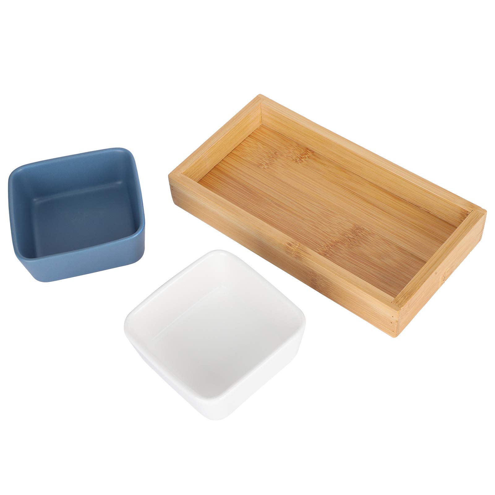 2-Compartment Wooden Fruit Tray with Ceramic Inserts - White & Blue Snack Serving Platter for Candy, Appetizers, and Party Food Display | Perfect for Entertaining, Kitchen Organization, and Stylish Home Decor
