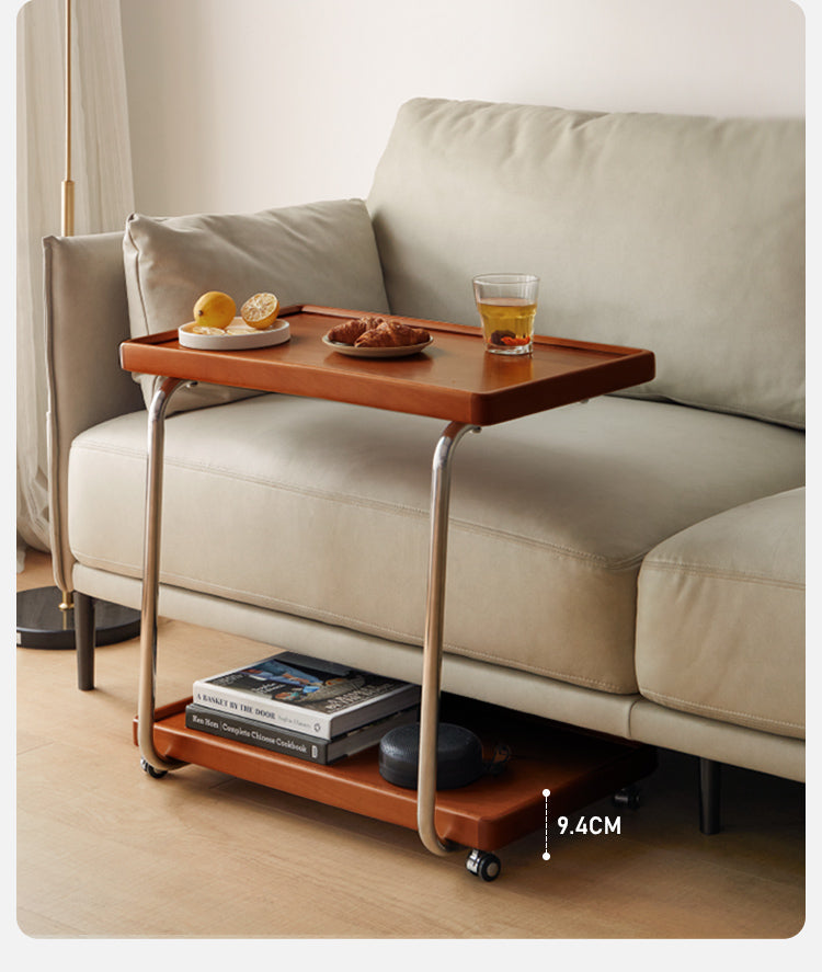 Modern Double Layer C-Shaped Mobile Side Table - Poplar Wood Nightstand for Bedroom, Living Room, Office - Portable End Table with Storage Shelf