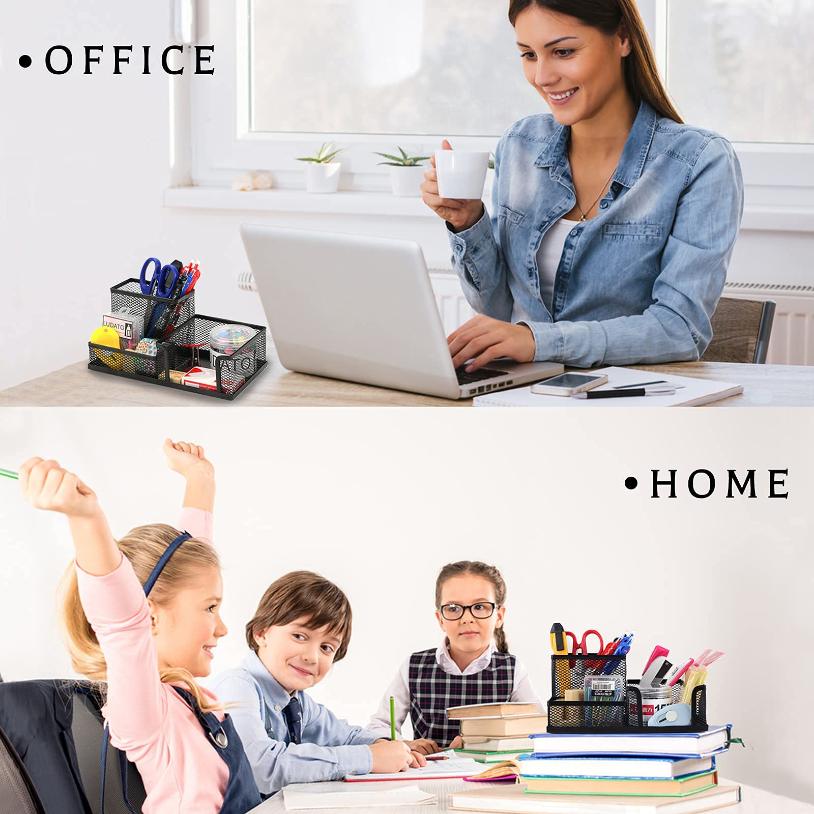 Ludato 2-Piece Mesh Desk Organizer Set - 3-Compartment Black Pencil Holder for Office Supplies, Perfect Desk Accessories for Work & Study - Great Gift for Colleagues & Students - Ideal for Home Office, School, and Workspace Organization