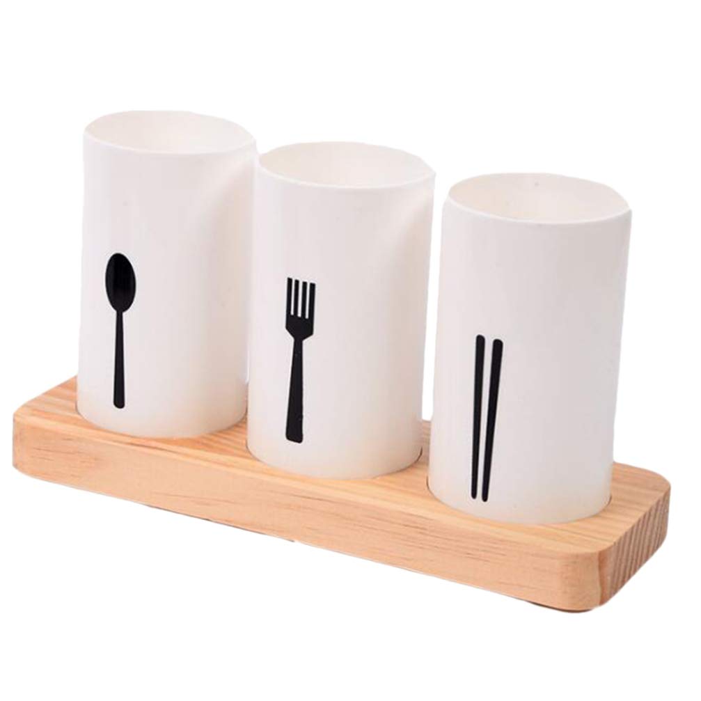 Hemoton Wooden Cutlery Holder Set - Stainless Steel Utensil Drying Rack with Wood Base for Kitchen Countertop Storage - Organize Forks, Knives, Spoons - Perfect for Bar, Restaurant & Home Kitchen Organization