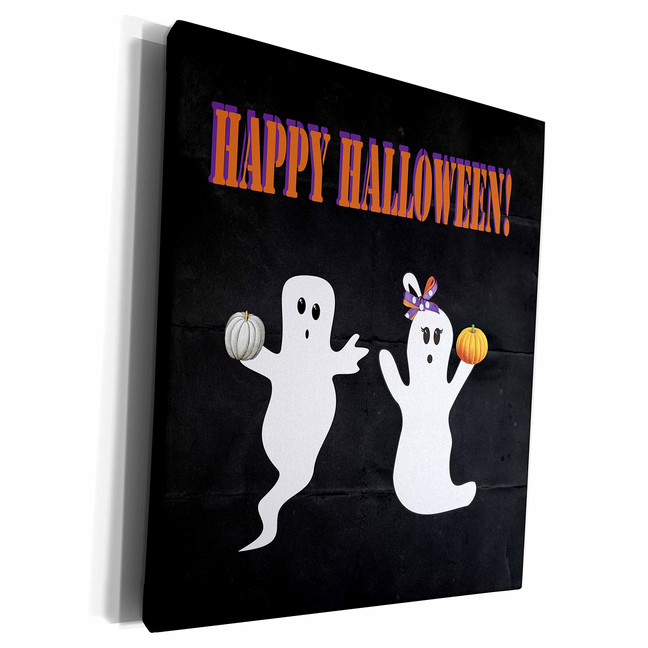 3dRose Premium Halloween Canvas Wrap - Boy and Girl Ghosts with White & Orange Pumpkins | Spooky Wall Art Decor for Home, Office, or Halloween Party
